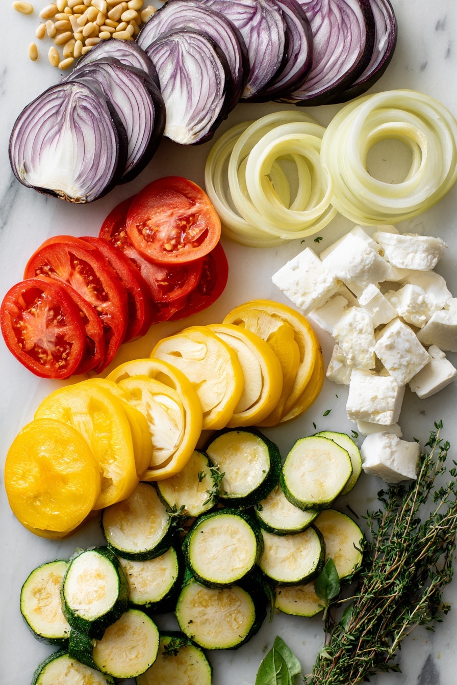 Flat lay of fresh globe eggplant slices, vibrant zucchini and yellow squash rounds, colorful red and yellow bell pepper slices, juicy Roma tomato slices, thinly sliced yellow onion rings, bright green fresh thyme sprigs, creamy white goat cheese chunks, golden toasted pine nuts, and fresh green basil leaves beautifully arranged in a balanced composition, placed on a white marble surface, photo taken with an iphone --ar 2:3 --v 7 - Creamy Goat Cheese Polenta with Ratatouille, goat cheese polenta recipe, ratatouille vegetable dish, creamy vegetarian mains, elegant weeknight dinner ideas
