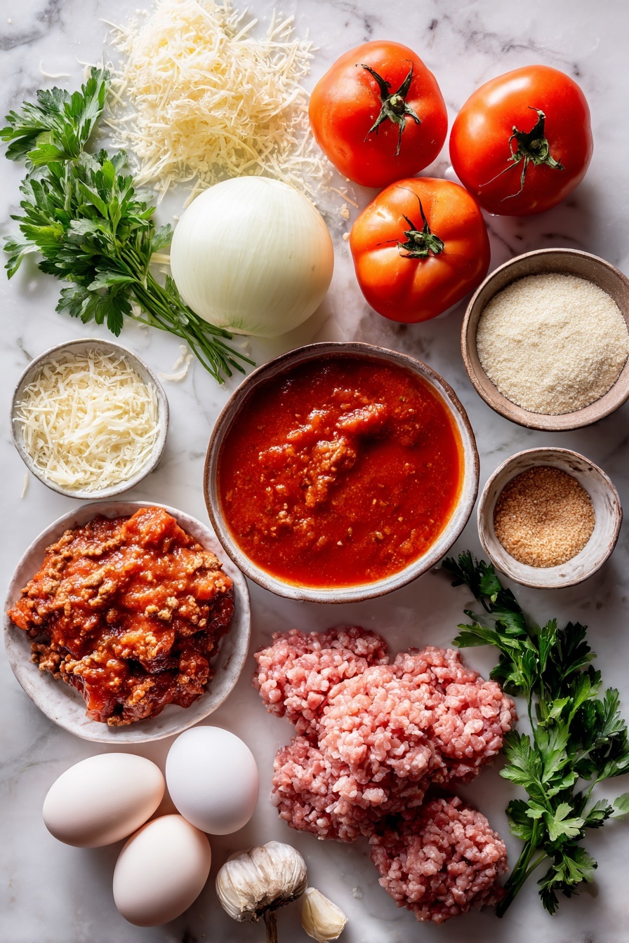 Flat lay of whole stewed tomatoes with rich red juices, bright red tomato sauce in a small pool, halved large white onions showing their layered texture, fresh green flat-leaf parsley sprigs scattered around, cloves of peeled garlic, freshly grated Parmesan cheese in a small pile, raw ground beef and ground pork portions with a pinkish-red color, smooth brown Italian-style breadcrumbs, and three large fresh eggs, all beautifully arranged on a white marble surface, photo taken with an iphone --ar 2:3 --v 7 - Classic Spaghetti and Meatballs, homemade spaghetti and meatballs, easy spaghetti recipe, Italian pasta dishes, comforting spaghetti dinner