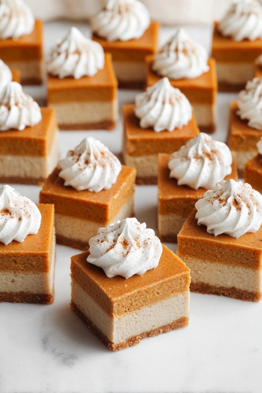 The image shows many small square dessert bars arranged on a white marbled surface. Each bar has two layers: a lighter beige bottom layer that looks firm, and a thicker top layer of smooth, orange-brown color. On top of each bar is a swirl of white whipped cream with a small sprinkle of brown spice, centered on the orange layer. The bars are evenly spaced and appear soft and moist. Photo taken with an iphone --ar 2:3 --v 7 - Pumpkin Pie Bars, pumpkin dessert bars, easy pumpkin bars, fall dessert recipes, pumpkin shortbread bars
