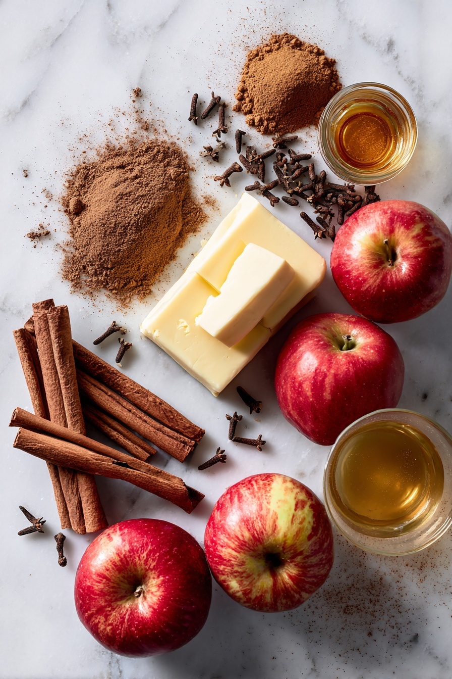 Flat lay of fresh whole cinnamon sticks, a small pile of ground cinnamon and nutmeg powders, dark brown sugar crystals, smooth unsalted butter slabs, a few bright red apples, a glass of golden apple cider, and a scattering of whole cloves, all beautifully arranged on a white marble surface, photo taken with an iphone --ar 2:3 --v 7 - Apple Cider Bundt Cake, Apple Cider Cake with Cinnamon Sugar Topping and Apple Cider Glaze, Fall Apple Cake, Cinnamon Sugar Bundt Cake, Autumn Dessert