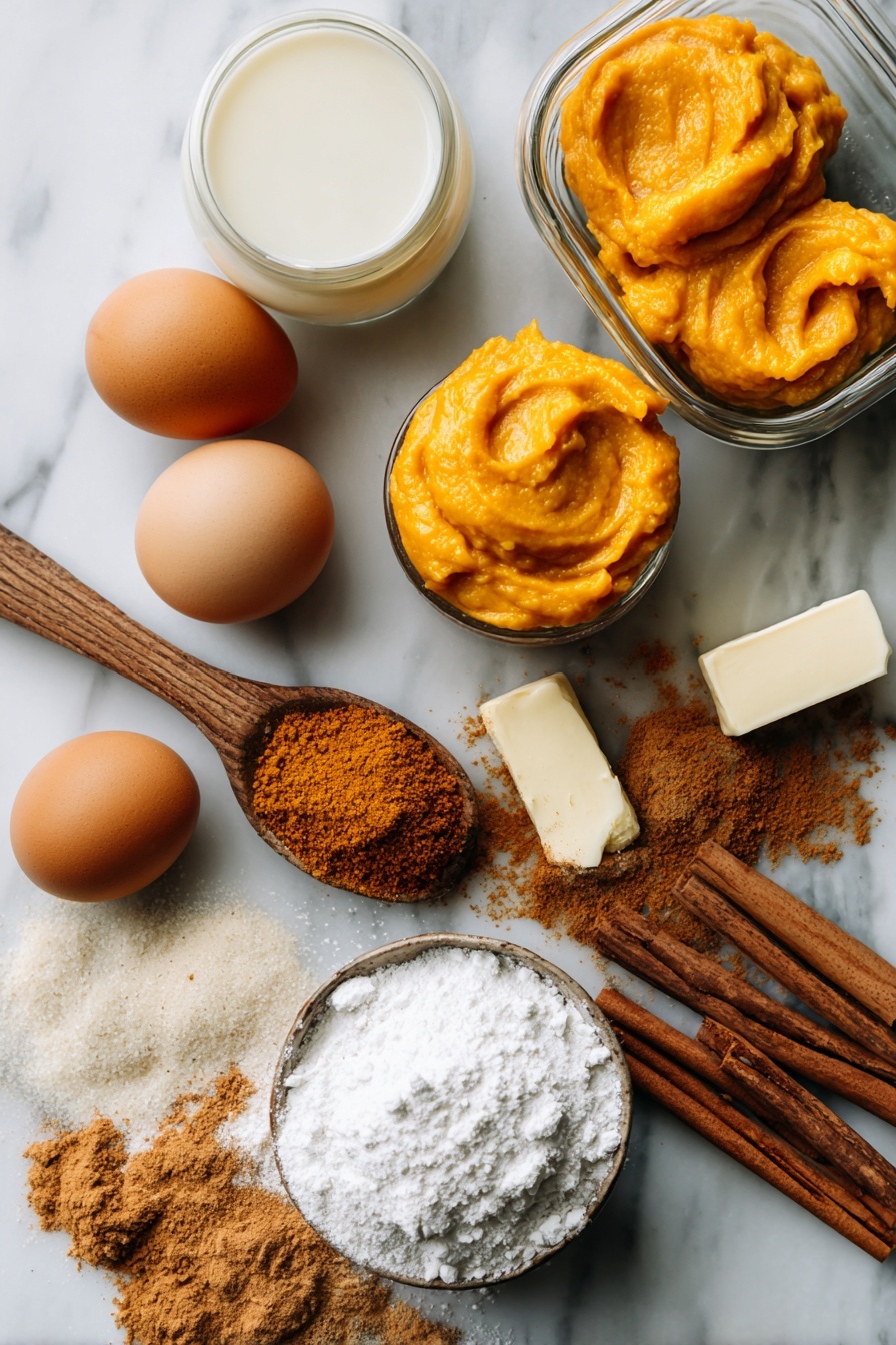 Flat lay of bright orange pumpkin puree dollops, smooth whole milk in a small glass jar, two fresh brown eggs, a stick of unsalted butter partially melted, a wooden spoon heap of golden brown granulated sugar, warm brown cinnamon sticks, a small pile of ground allspice powder, and a scattering of ground ginger powder artfully arranged with a few maple syrup drizzles nearby, placed on a white marble surface, photo taken with an iphone --ar 2:3 --v 7 - Pumpkin Pancakes with Warm Spices and Maple Syrup, fall pancakes recipe, pumpkin spice breakfast, fluffy pumpkin pancakes, cozy fall brunch ideas
