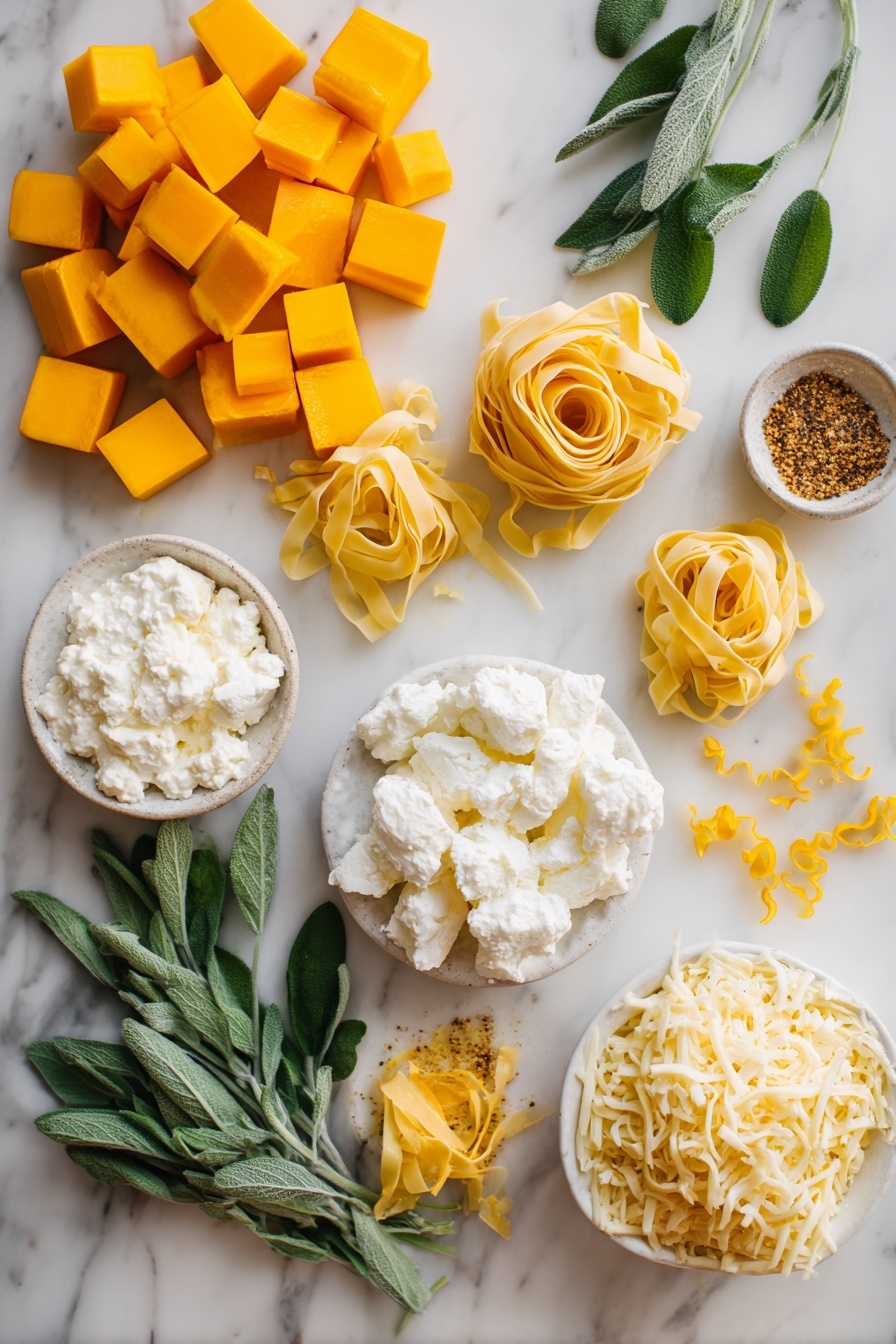 Flat lay of vibrant cubed butternut squash, fresh green sage leaves, bright lemon zest curls, creamy white ricotta cheese dollops, shredded golden mozzarella cheese, crumbly Pecorino cheese chunks, delicate sheets of uncooked lasagna noodles, and a sprinkle of warm ground nutmeg, all beautifully arranged with a natural, fresh look placed on a white marble surface, photo taken with an iphone --ar 2:3 --v 7 - Butternut Squash and Sage Lasagna, vegetarian fall lasagna, cozy squash lasagna recipe, creamy sage vegetable lasagna, hearty vegetarian lasagna