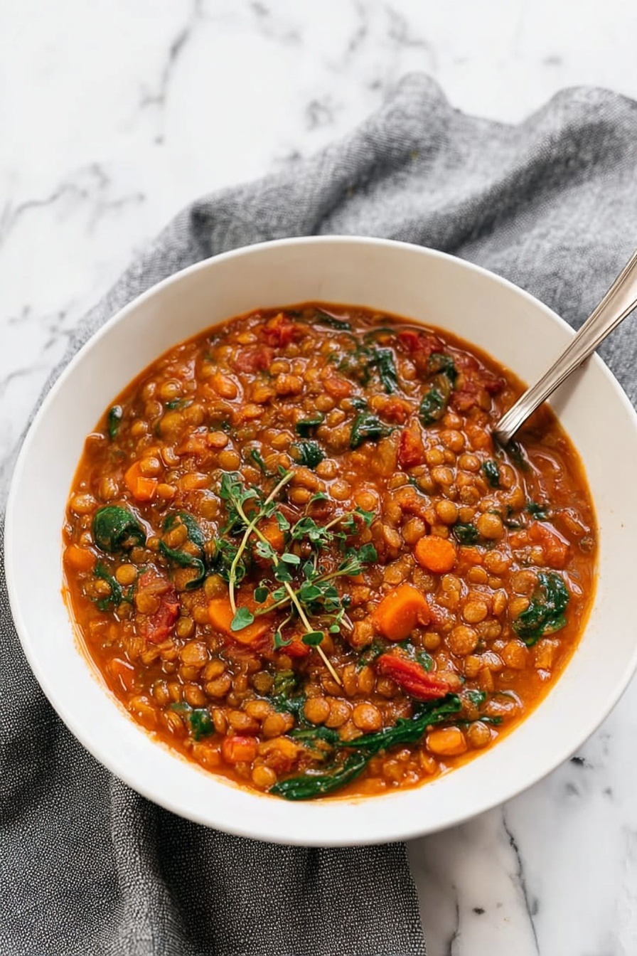 A white bowl filled with thick lentil stew that has a rich orange-red color with visible small lentils, diced carrots, spinach leaves, and tomato pieces mixed throughout. The stew is topped with small sprigs of green herbs, and a silver spoon is resting inside the bowl on the right side. The bowl is placed on a grey cloth over a white marbled surface. Photo taken with an iphone --ar 2:3 --v 7 - Best Lentil Soup Lentil Soup Recipe Healthy Lentil Soup Easy Lentil Soup