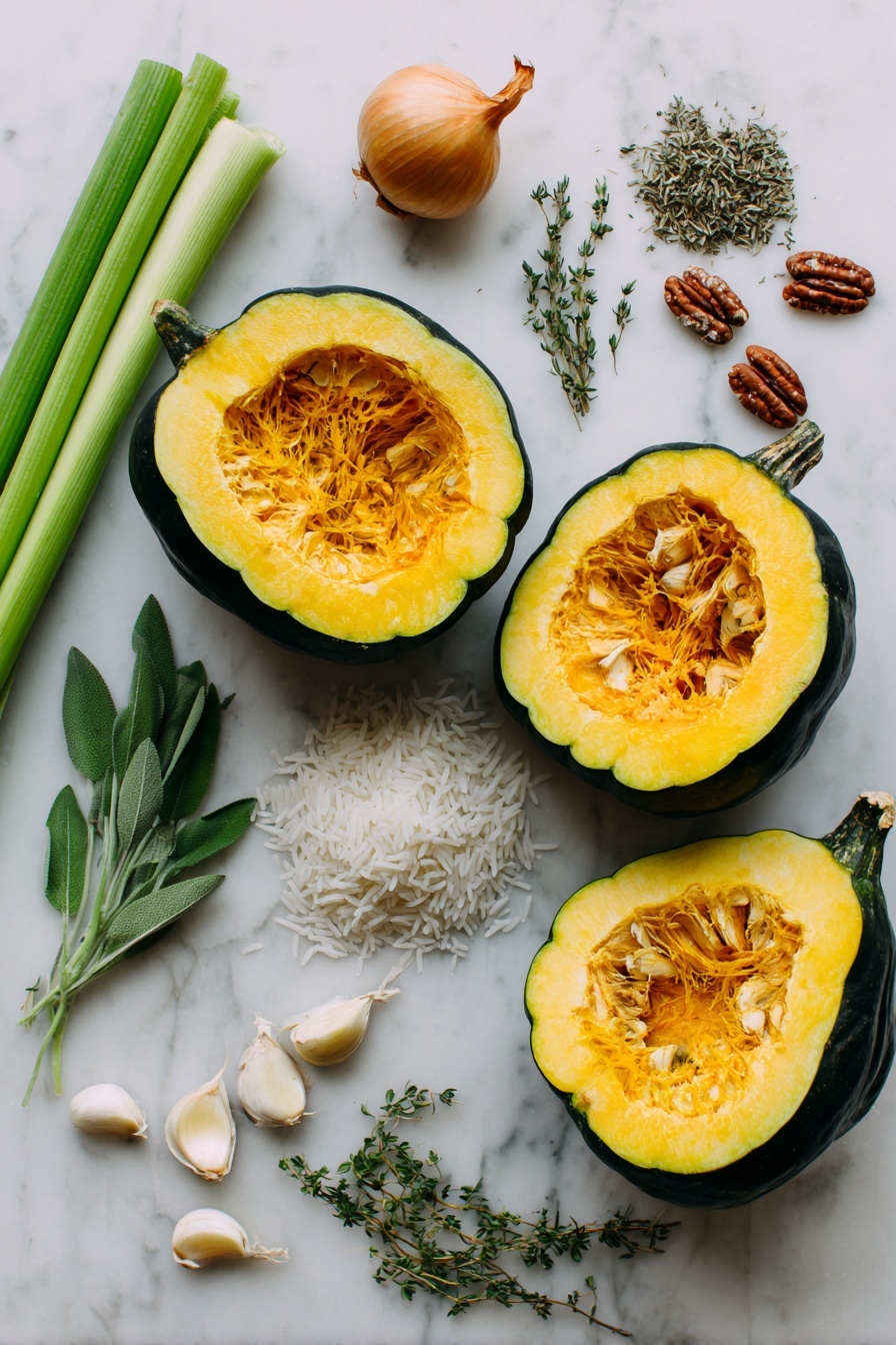 Flat lay of two small acorn squashes halved to show their bright orange flesh, a small yellow onion whole and diced, two fresh celery stalks with crisp green leaves, three cloves of garlic with papery skins, a handful of raw pecan pieces scattered around, a small mound of uncooked white basmati rice, dried sage and thyme sprigs lightly spread nearby, and creamy white crumbles of feta cheese, all beautifully arranged with natural light highlighting their colors and textures, placed on a white marble surface, photo taken with an iphone --ar 2:3 --v 7 - Stuffed Acorn Squash with Sage, Pecans, and Herb Rice, stuffed acorn squash, fall squash recipes, healthy stuffed squash, vegetarian fall dinner, autumn squash dishes