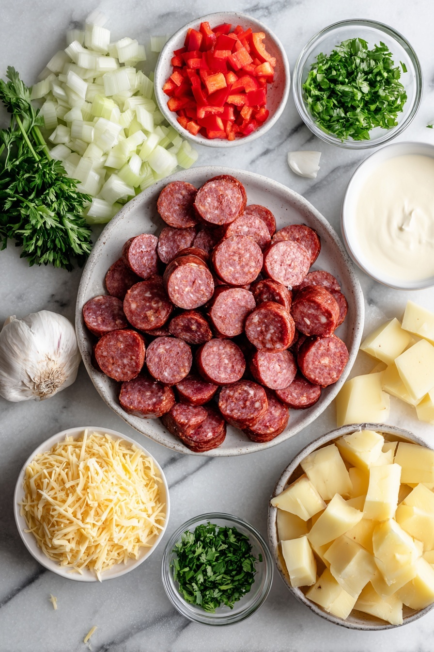 Flat lay of sliced andouille sausage rounds, diced white onion, chopped celery stalk, bright red diced bell pepper, minced garlic cloves, peeled and cubed russet potatoes, a small heap of shredded mild cheddar cheese, fresh green parsley sprigs, and a small bowl of creamy heavy whipping cream, all beautifully arranged on a white marble surface, photo taken with an iphone --ar 2:3 --v 7 - Cajun Potato Soup with Andouille Sausage and Cheddar, hearty Cajun potato soup, spicy sausage potato chowder, cheesy Cajun potato stew, easy Cajun soup recipe