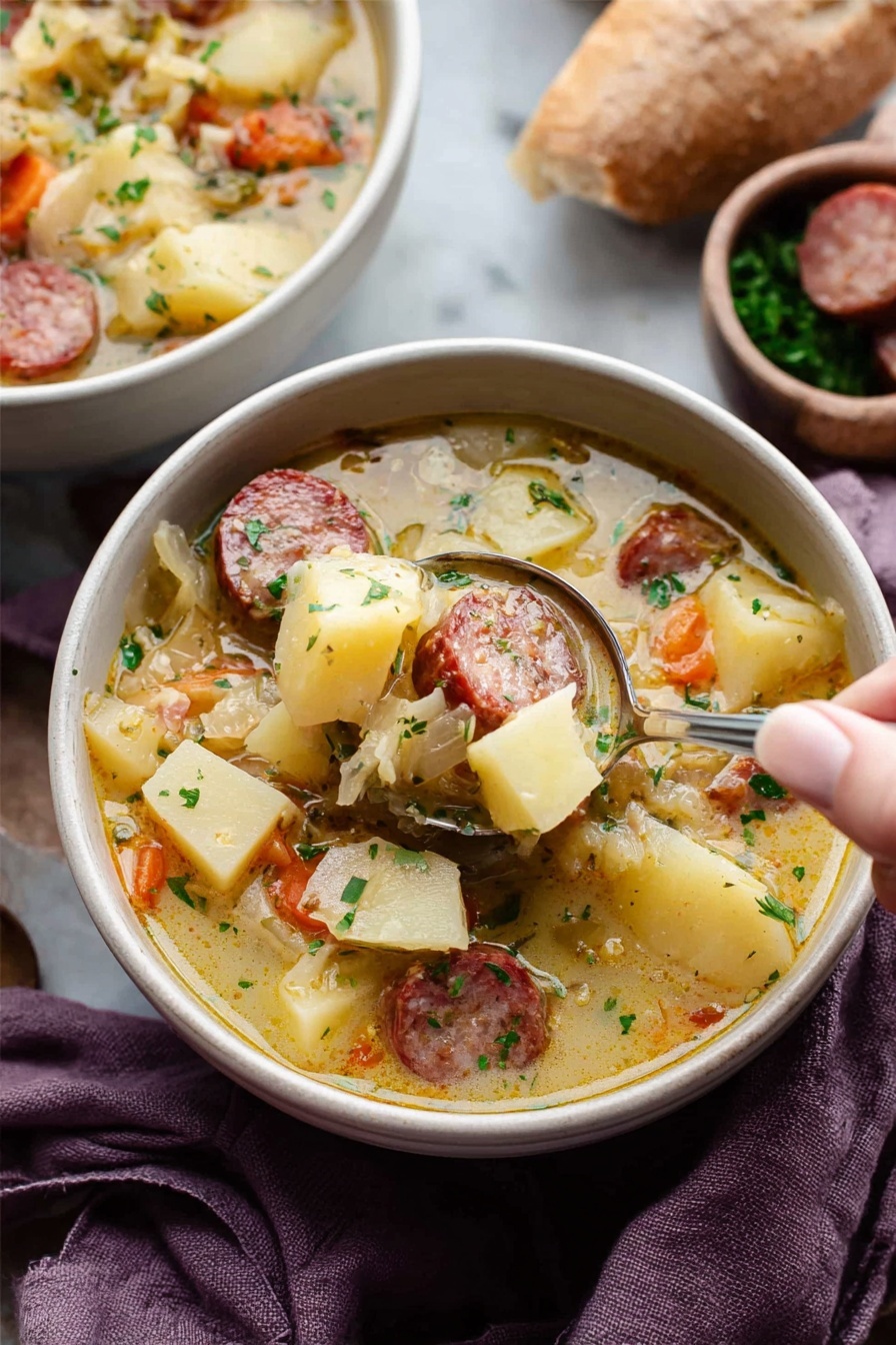 The image shows a white bowl filled with a thick soup that has multiple layers and textures. The bottom layer is a creamy, light yellow broth. Within the broth, there are large chunks of light yellow potatoes and slices of browned sausage with a reddish-brown color. Small bits of orange carrots and translucent onions are scattered throughout. The soup is sprinkled with finely chopped green herbs on top, adding a touch of green color. A silver ladle, held by a woman's hand, is scooping some of the soup, showing the chunky mix clearly. The bowls are on a white marbled surface with a soft purple cloth nearby. Photo taken with an iphone --ar 2:3 --v 7 - Cajun Potato Soup with Andouille Sausage and Cheddar, hearty Cajun potato soup, spicy sausage potato chowder, cheesy Cajun potato stew, easy Cajun soup recipe