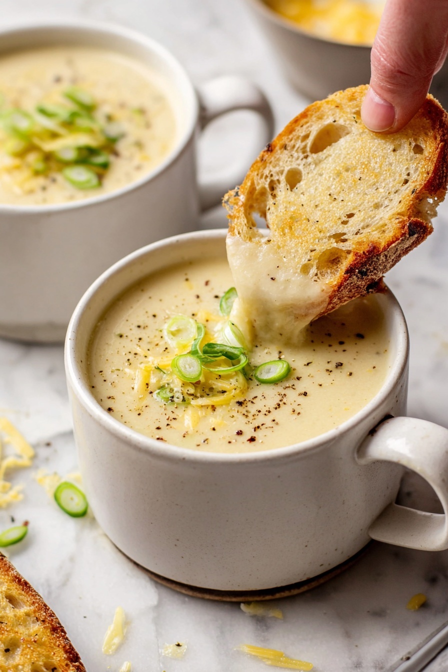 The image shows a creamy soup in a white cup with a handle, topped with thin slices of green onion and sprinkled with black pepper and some shredded yellow cheese. A woman's hand is dipping a piece of toasted, crusty bread with a golden-brown color and airy texture into the thick soup, causing the soup to stretch slightly between the bread and the cup. The cups sit on a surface with a white marbled texture, and there are a few scattered green onion slices and pepper specks around. Photo taken with an iphone --ar 2:3 --v 7 - Roasted Garlic Cheddar Cauliflower Soup, roasted cauliflower soup, cheesy cauliflower soup, healthy cauliflower soup, easy cauliflower soup