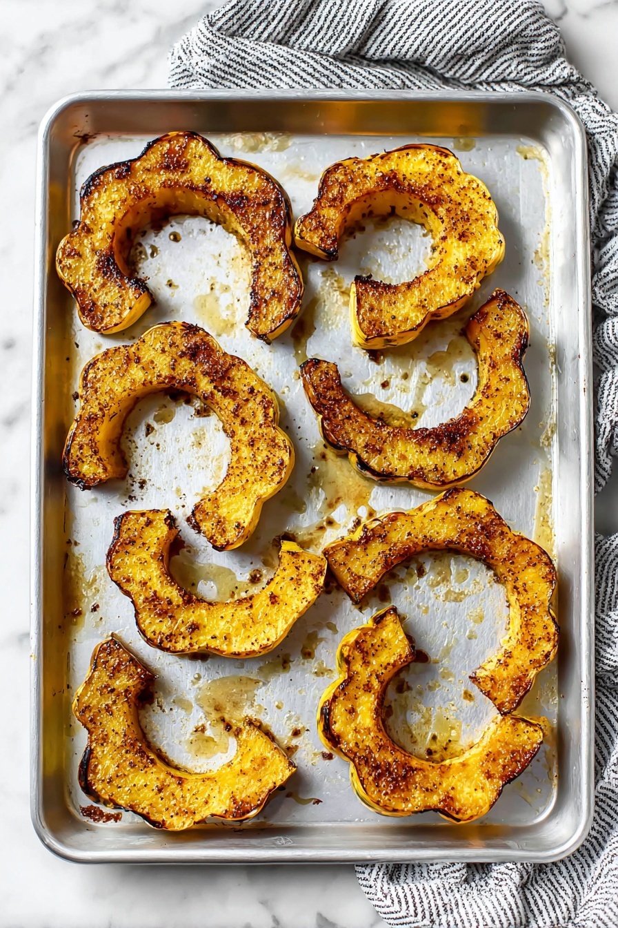 A white plate filled with roasted squash slices, each slice shaped like a crescent with dark green skin on the outer edge and golden, slightly crispy inside. The squash slices are sprinkled with black pepper and small bits of fried garlic or herbs, with finely chopped green parsley scattered over the top. The texture of the squash is tender but firm, with some edges crisped and slightly browned. A silver fork rests on the side of the plate against the white marbled surface. Photo taken with an iphone --ar 2:3 --v 7 - Parmesan Herb Roasted Acorn Squash, roasted acorn squash with herbs, easy winter squash side dish, healthy roasted acorn squash, caramelized acorn squash with parmesan