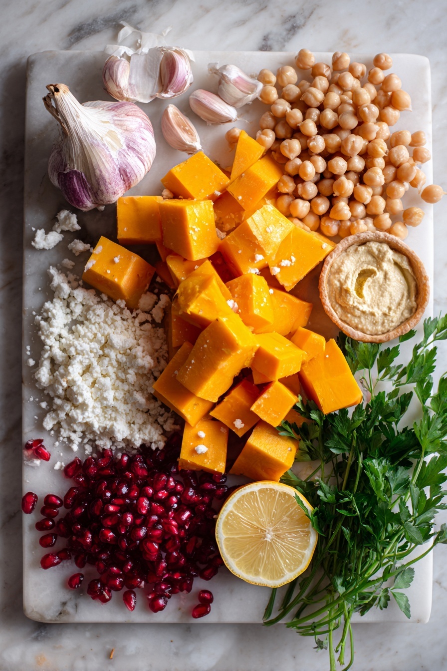 Flat lay of vibrant cubed butternut squash, whole garlic cloves, plump cooked chickpeas, creamy tahini in a small mound, bright lemon wedges, sparkling ruby red pomegranate arils, crumbled white feta cheese, fresh green parsley leaves, and delicate microgreens, all beautifully arranged and spaced on a white marble surface, photo taken with an iphone --ar 2:3 --v 7 - Butternut Squash Hummus with Feta and Pomegranates, roasted butternut squash hummus, feta and pomegranate hummus, healthy fall appetizers, easy veggie dip