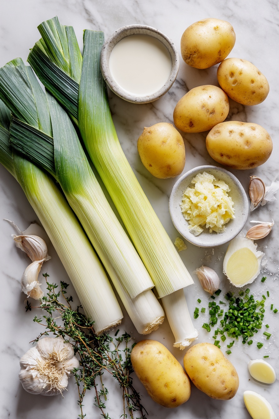Flat lay of fresh white and light green leeks sliced lengthwise showing their layers, whole Yukon gold potatoes with smooth yellow skins, peeled garlic cloves beside a small pile of grated garlic, fresh thyme sprigs with green leaves, a small bowl filled with creamy milk, and bright green chopped chives scattered lightly, all arranged beautifully with soft natural light highlighting their fresh colors, placed on a white marble surface, photo taken with an iphone --ar 2:3 --v 7 - Creamy Potato Leek Soup with Lemon and Chives, potato leek soup, lemon chive soup, creamy vegetable soup, easy leek soup