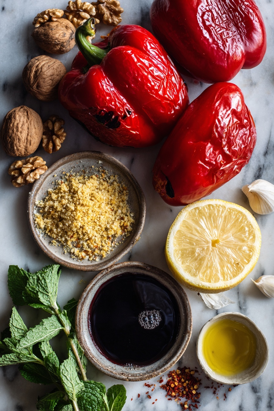 Flat lay of three roasted red bell peppers with their vibrant, slightly charred skin, a small heap of fresh golden bread crumbs, a cluster of whole walnuts showing their textured shells, a few glistening drops of extra-virgin olive oil pooling beside a rustic garlic clove, a small bowl of deep, dark pomegranate molasses, a wedge of fresh lemon shining with bright yellow flesh, scattered Aleppo pepper flakes adding a touch of red spice, and fresh mint leaves with their bright green color placed on a white marble surface, photo taken with an iphone --ar 2:3 --v 7 - Muhammara roasted red pepper and walnut spread with pomegranate molasses, Middle Eastern dips and spreads, easy Muhammara recipe, flavorful appetizer dip, healthy vegetarian spreads