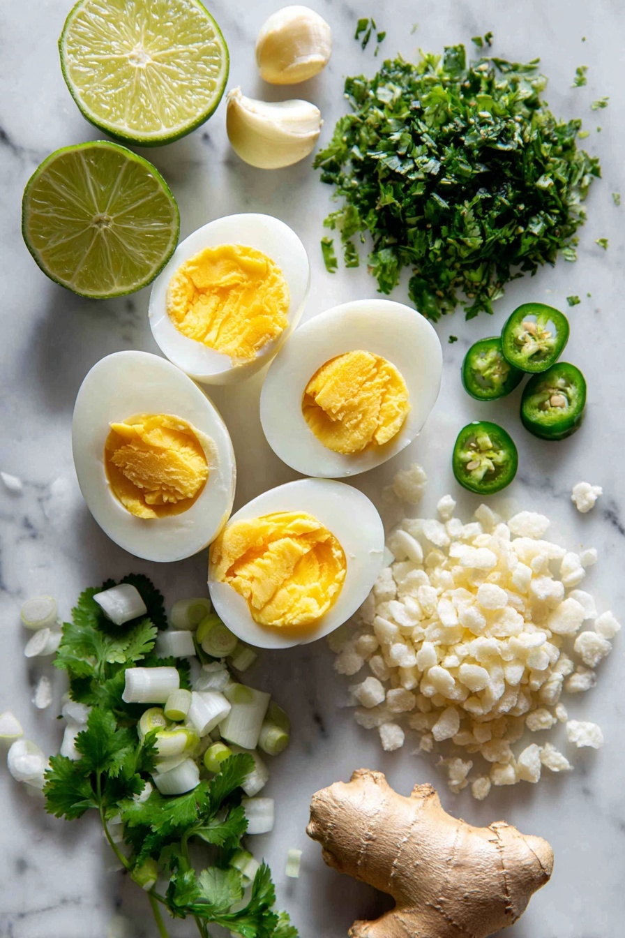 Flat lay of six peeled hard-cooked eggs halved with bright yellow yolks, fresh cilantro leaves finely chopped into small vibrant green pieces, thinly sliced scallions with crisp white and green rings, peeled garlic cloves whole and chopped, fresh lime halves with a bright green interior, small fresh serrano chiles sliced thinly showing their seeds, a piece of peeled fresh ginger root with its light tan skin, and a small pile of pale puffed rice grains, all beautifully arranged on a white marble surface, photo taken with an iphone --ar 2:3 --v 7 - Green Curry Deviled Eggs, Thai-inspired deviled eggs, spicy appetizer recipes, flavorful deviled eggs, unique party appetizers
