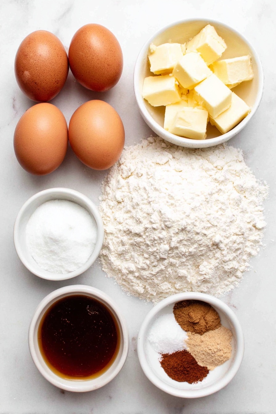 Flat lay of two cold large eggs with clean shells, a small pile of light brown packed brown sugar, a few chunks of unsalted butter, a small white ceramic bowl of unsweetened applesauce, a small white ceramic bowl of cold buttermilk, a small white ceramic bowl of granulated sugar mixed with ground cinnamon, a mound of all-purpose flour dusted lightly with some flour around it, a small white ceramic bowl filled with golden apple cider syrup, a small pile of ground cinnamon, a small pile of freshly grated ground nutmeg, a small pile of kosher salt, a small pile of baking powder, a small pile of baking soda, all arranged symmetrically and neatly spaced, placed on a clean white marble surface, soft natural light, photo taken with an iPhone, professional food photography style, fresh ingredients, white ceramic bowls, no bottles, no duplicates, no utensils, no packaging --ar 2:3 --v 7 --p awthu7i m7354615311229779997 - Apple Cider Donuts, homemade apple cider donuts, fall donut recipes, cinnamon apple donuts, soft fluffy apple cider treats