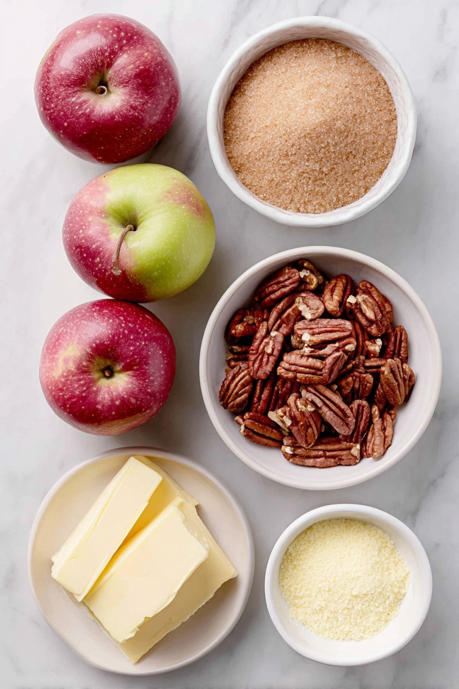 Flat lay of fresh whole red and green apples, a small white ceramic bowl filled with golden light brown sugar crystals, a small white ceramic bowl containing ground cinnamon powder, thinly sliced salted butter arranged neatly on a simple white ceramic plate, a small white ceramic bowl with chopped pecans, and a small white ceramic bowl holding yellow cake mix powder, all arranged in perfect symmetry and realistic proportions, placed on a clean white marble surface, soft natural light, photo taken with an iPhone, professional food photography style, fresh ingredients, white ceramic bowls, no bottles, no duplicates, no utensils, no packaging --ar 2:3 --v 7 --p awthu7i m7354615311229779997 - Apple Dump Cake, easy apple dump cake, quick apple dessert, effortless apple cobbler, simple apple cake