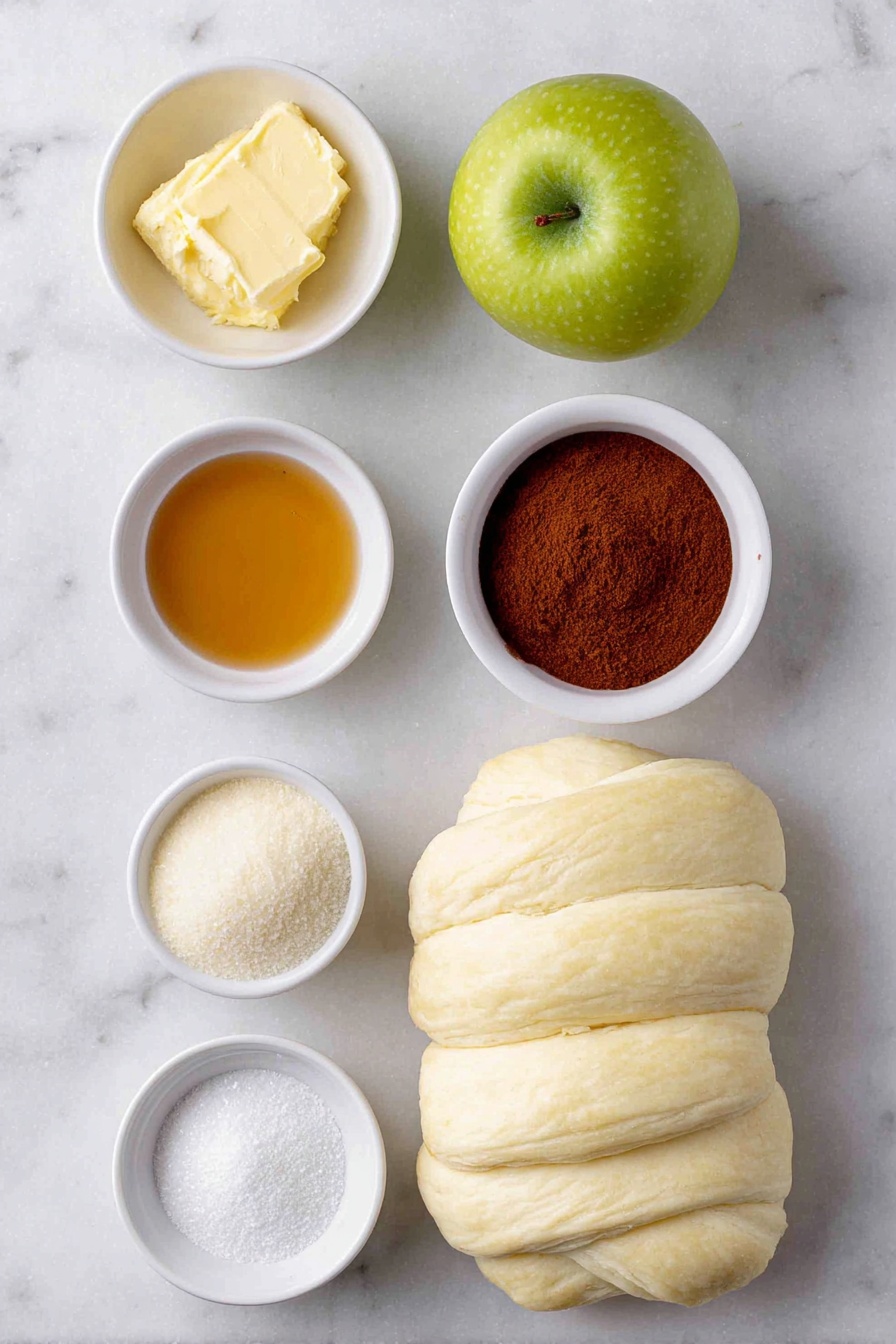 Flat lay of two bright green Granny Smith apples, a small white bowl of melted butter, a small white bowl of granulated sugar, a small white bowl with amber vanilla extract, a small white bowl filled with ground cinnamon, and two unwrapped crescent rolls showing their creamy dough texture neatly arranged in perfect symmetry, placed on a clean white marble surface, soft natural light, photo taken with an iPhone, professional food photography style, fresh ingredients, white ceramic bowls, no bottles, no duplicates, no utensils, no packaging --ar 2:3 --v 7 --p awthu7i m7354615311229779997 - Apple Dumplings with Mountain Dew, apple dumplings recipe, Mountain Dew dessert, easy apple dumplings, citrus soda apple dessert