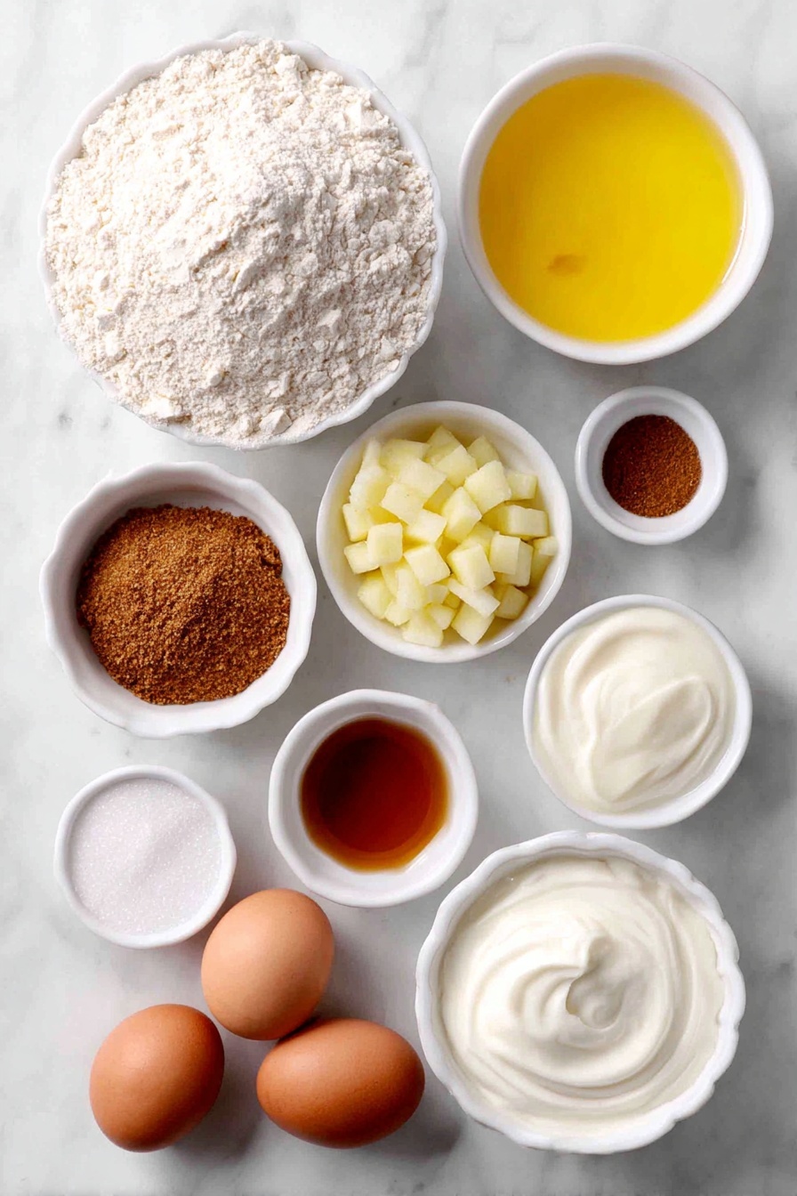Flat lay of a small pile of white whole wheat flour, a small heap of ground cinnamon, a few whole uncracked brown eggs, a small mound of diced fresh apple cubes, a small mound of freshly grated apple, a small white ceramic bowl filled with golden melted coconut oil, a small white ceramic bowl with amber maple syrup, a small white ceramic bowl of creamy plain Greek yogurt, a small white ceramic bowl holding smooth applesauce, a small white ceramic bowl with clear vanilla extract, a small white ceramic bowl containing raw turbinado sugar, all arranged with perfect symmetry and balanced proportions, placed on a clean white marble surface, soft natural light, photo taken with an iPhone, professional food photography style, fresh ingredients, white ceramic bowls, no bottles, no duplicates, no utensils, no packaging --ar 2:3 --v 7 --p awthu7i m7354615311229779997 - Healthy Apple Muffins, healthy apple muffins recipe, wholesome apple muffins, nutritious apple muffin ideas,  apple muffin breakfast