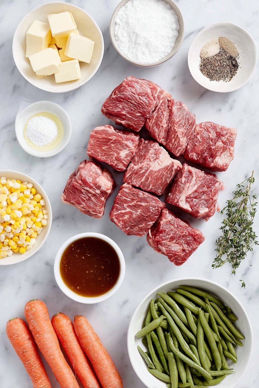 Flat lay of fresh 2-inch chunks of raw chuck roast, a small mound of coarse ground black pepper, a small heap of Kosher salt, a small white ceramic bowl of all-purpose flour, a small white ceramic bowl with unsalted butter cubes, a small white ceramic bowl with canola oil, half a yellow onion chopped into pieces, four cloves of whole garlic with skins on, two large carrots cut into chunks, two Yukon gold potatoes chopped, a small pile of fresh corn kernels, a small white ceramic bowl filled with rich beef broth, a small white ceramic bowl with thick tomato paste, a single fresh bay leaf, a few sprigs of fresh thyme, a small white ceramic bowl with Worcestershire sauce, a handful of fresh green beans, and a handful of fresh green peas, all arranged in perfect symmetry on a clean white marble surface, soft natural light, photo taken with an iPhone, professional food photography style, fresh ingredients, white ceramic bowls, no bottles, no duplicates, no utensils, no packaging --ar 2:3 --v 7 --p awthu7i m7354615311229779997 - Vegetable Beef Stew, hearty beef stew recipe, comforting beef stew, homemade beef stew, tender beef vegetable stew