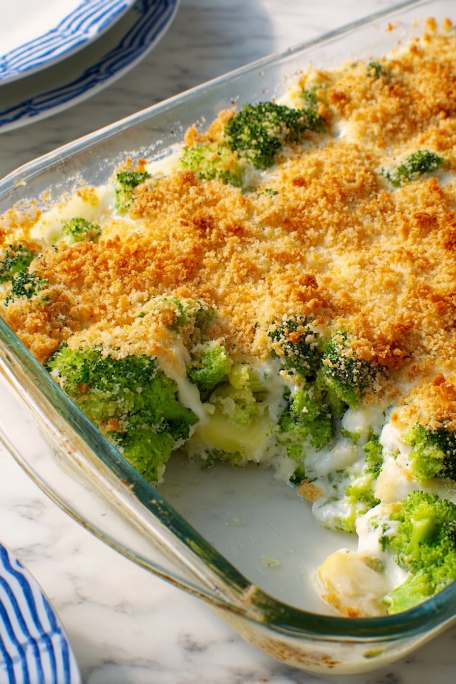 The image shows a clear glass baking dish filled with a broccoli casserole topped with a golden, crispy breadcrumb layer. Inside the casserole, bright green broccoli florets are covered with melted white cheese beneath the crunchy topping. A spoon is scooping some broccoli and breadcrumbs from the dish. Next to the baking dish, there is a white plate with blue stripes holding some servings of the casserole. The setting is on a white marbled textured surface with a folded white cloth napkin under the plate and dish. Photo taken with an iphone --ar 2:3 --v 7 - Broccoli Cheese Casserole, cheesy broccoli bake, creamy broccoli casserole, easy vegetable side dish, holiday broccoli casserole