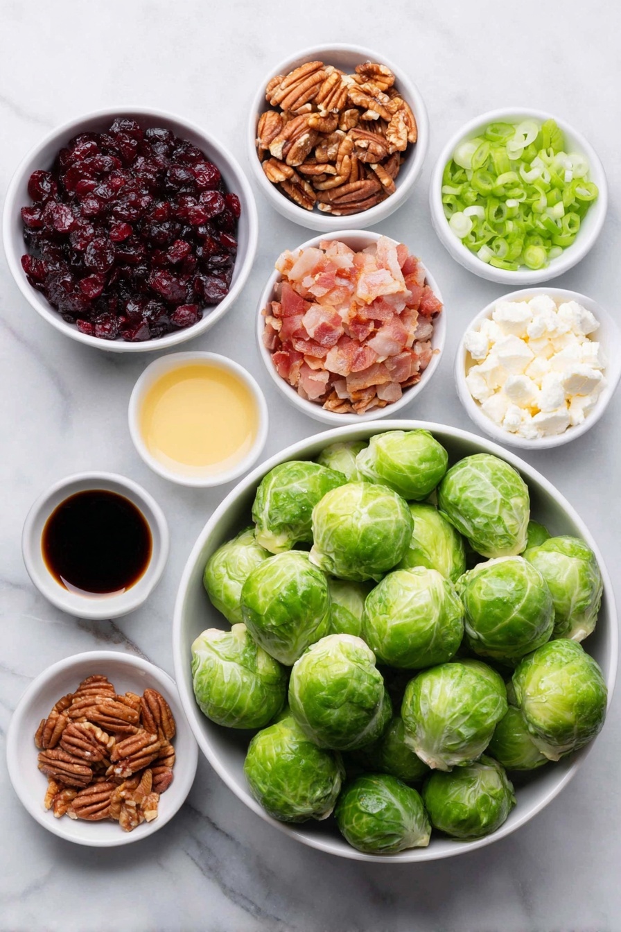 Flat lay of fresh whole Brussels sprouts with bright green leaves, a small white bowl of deep red dried cranberries, chopped glossy red apple pieces, a handful of roughly chopped pecans, golden crispy chopped bacon bits, thinly sliced green onions with vibrant white and green parts, crumbled white feta cheese in a small white bowl, small white bowls containing dark balsamic vinegar, golden olive oil, amber maple syrup, and a creamy pale yellow dijon mustard, all arranged symmetrically and naturally, placed on a clean white marble surface, soft natural light, photo taken with an iPhone, professional food photography style, fresh ingredients, white ceramic bowls, no bottles, no duplicates, no utensils, no packaging --ar 2:3 --v 7 --p awthu7i m7354615311229779997 - Brussels Sprout Salad with Cranberries Pecans Apples Bacon and Maple Balsamic Vinaigrette, healthy Brussels sprout salad, easy fall salad recipes, festive veggie salads, flavorful side salads