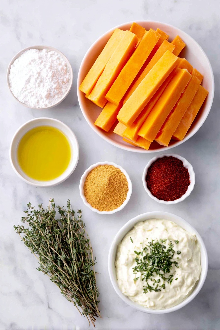 Flat lay of a handful of fresh peeled butternut squash sticks cut into long uniform pieces, a small white ceramic bowl filled with fine white cornstarch, another small white bowl containing golden olive oil, a heap of golden yellow garlic powder, a small pile of deep reddish paprika powder, a delicate bundle of dried green thyme sprigs, a small white bowl of smooth creamy mayo topped with chopped fresh green herbs, and a few scattered grains of coarse salt and black peppercorns, all arranged with perfect symmetry on a clean white marble surface, soft natural light, photo taken with an iPhone, professional food photography style, fresh ingredients, white ceramic bowls, no bottles, no duplicates, no utensils, no packaging --ar 2:3 --v 7 --p awthu7i m7354615311229779997 - Baked Butternut Squash Fries, healthy squash fries, crispy baked squash recipe, guilt-free snack ideas, easy vegetable side dish