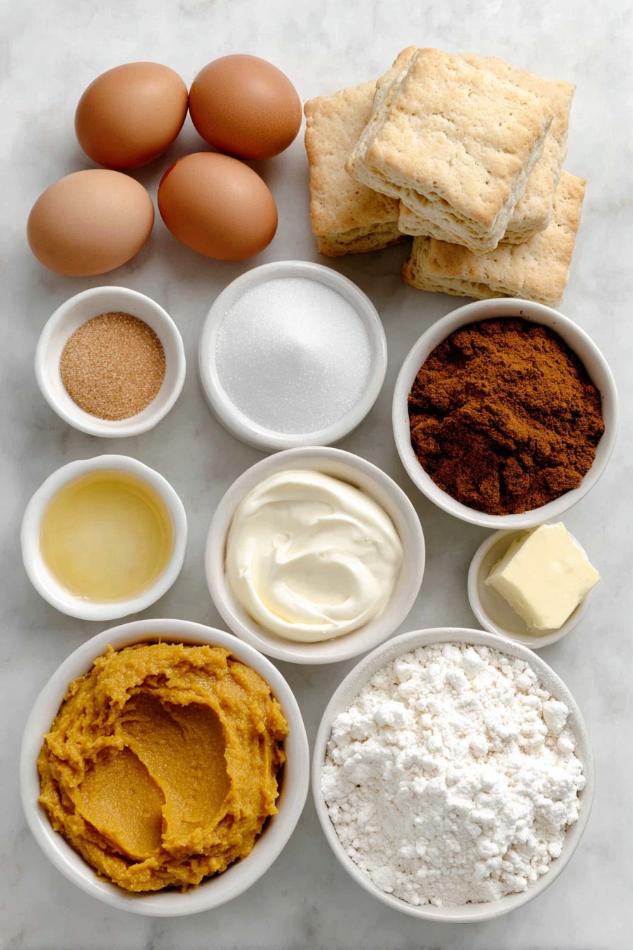 Flat lay of three whole uncracked brown eggs, a small bowl of granulated white sugar, a small bowl of packed light brown sugar, a small bowl of vibrant orange pumpkin puree, a small bowl of heavy cream, a small bowl of melted golden salted butter, a small bowl of golden pumpkin pie spice powder, a small bowl of clear vanilla extract, several whole buttermilk biscuits stacked next to each other, placed on a clean white marble surface, soft natural light, photo taken with an iPhone, professional food photography style, fresh ingredients, white ceramic bowls, no bottles, no duplicates, no utensils, no packaging --ar 2:3 --v 7 --p awthu7i m7354615311229779997 - Pumpkin Spice Monkey Bread, Pumpkin Spice Monkey Bread Recipe, Fall Breakfast Ideas, Easy Pumpkin Bread, Holiday Brunch Treats