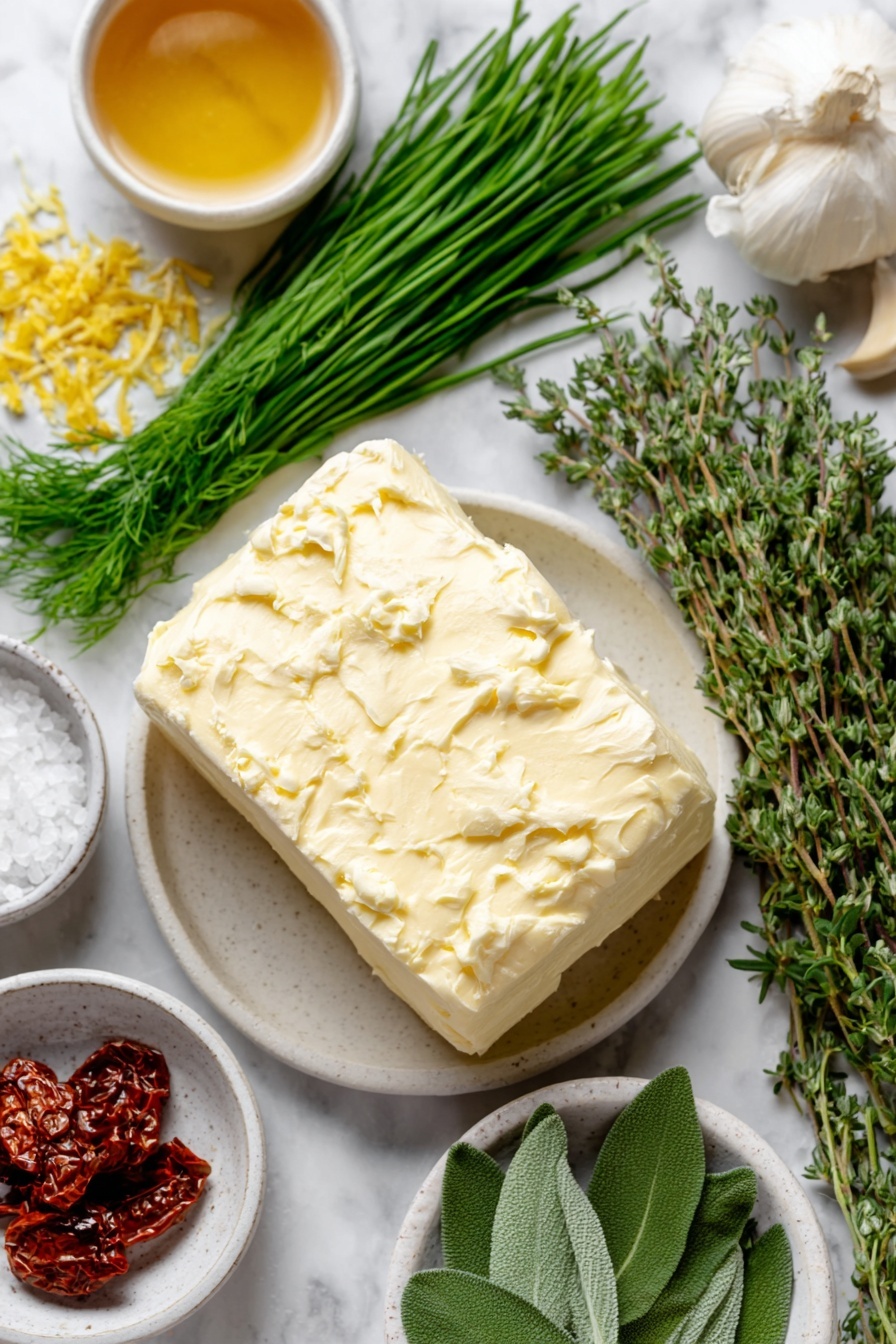 Flat lay of a soft pale yellow lump of unsalted butter, a small bunch of bright green chives, a sprig of feathery green dill, a clove of garlic with smooth white skin, a small heap of coarse sea salt crystals, a few fresh thyme sprigs with tiny green leaves, a thin strip of bright yellow lemon zest, a pinch of vibrant red pepper flakes, a small cluster of woody rosemary sprigs, fresh sage leaves with a velvety texture, a small dollop of golden honey in a white ceramic bowl, fresh green basil leaves, a small pile of deep red sun-dried tomatoes, all arranged symmetrically on a simple white ceramic plate and bowls, placed on a clean white marble surface, soft natural light, photo taken with an iPhone, professional food photography style, fresh ingredients, white ceramic bowls, no bottles, no duplicates, no utensils, no packaging --ar 2:3 --v 7 --p awthu7i m7354615311229779997 - Herb Compound Butter, herb butter recipe, how to make herb butter, flavored butter for steaks, easy herb butter