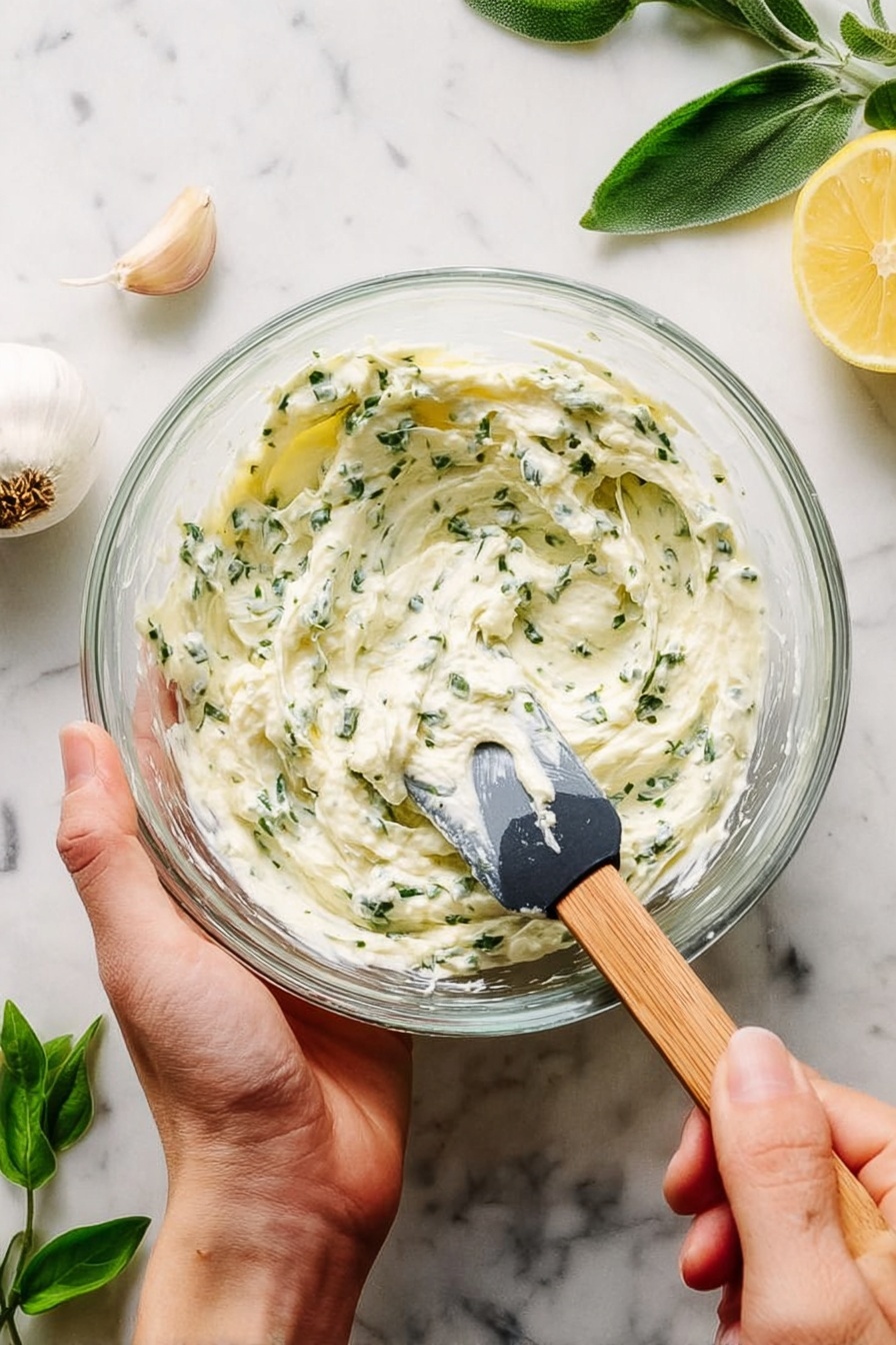 A clear glass bowl filled with a creamy white mixture that has small green herb pieces evenly spread throughout. A woman's hand holds the bowl from the left side while another woman's hand uses a spatula with a wooden handle and a black silicone blade to mix the creamy herb spread inside. The bowl sits on a white marbled surface with green leaves and a whole garlic clove to the top left and a halved lemon to the right. Photo taken with an iphone --ar 2:3 --v 7 - Herb Compound Butter, herb butter recipe, how to make herb butter, flavored butter for steaks, easy herb butter