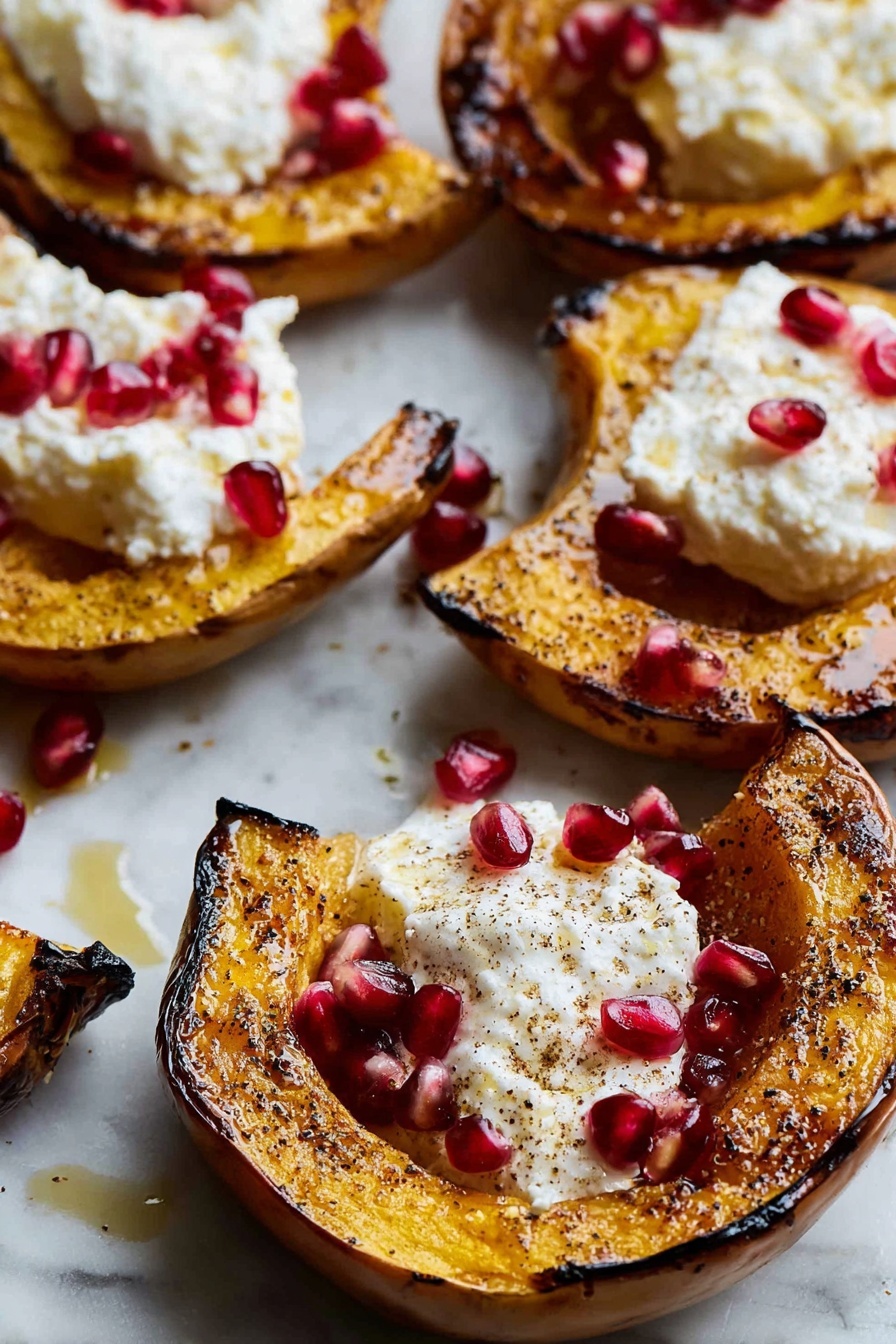 The image shows several slices of roasted orange squash arranged on a white marbled surface. Each slice has a golden-brown, slightly charred outer layer with a soft, cooked inside. On top of each slice, there is a dollop of creamy white cheese, sprinkled lightly with spices. Bright red pomegranate seeds are scattered on and around the cheese, adding a pop of color. A drizzle of golden honey or syrup shines on the cheese and squash, adding a glossy texture to the dish. The close-up view highlights the contrast between the warm colors of the squash and the fresh, creamy cheese topped with vibrant seeds. Photo taken with an iphone --ar 2:3 --v 7 - Roasted Acorn Squash with Ricotta and Pomegranate, acorn squash recipes, fall vegetable dishes, healthy roasted squash, easy winter side dishes