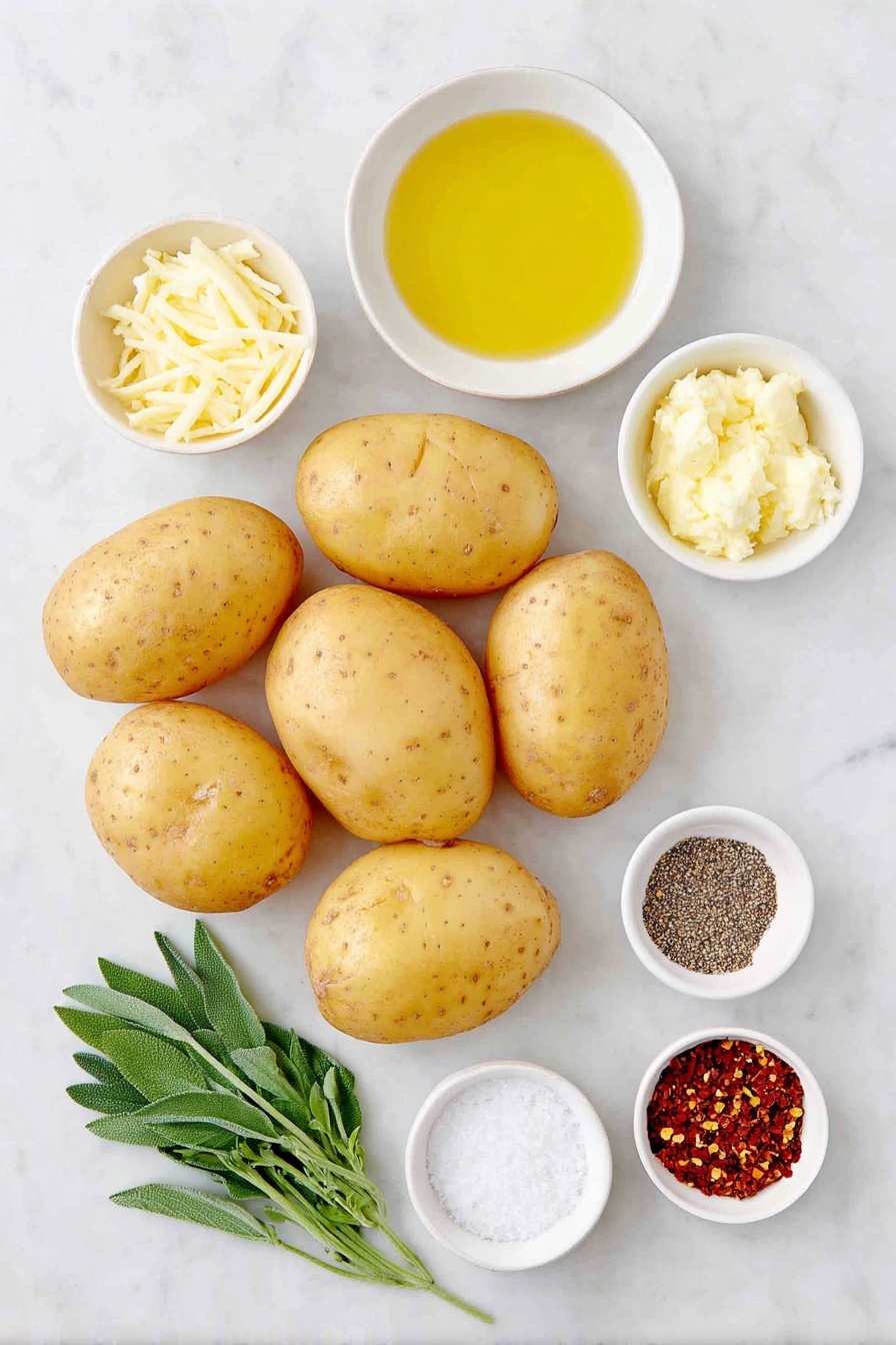 Flat lay of six medium Yukon Gold potatoes with smooth yellow skin, a small white bowl of extra-virgin olive oil glistening golden, a few fresh sage leaves with velvety green texture, a small white bowl of melted garlic butter gleaming softly, a small white bowl of coarse sea salt crystals, a small white bowl of freshly ground black pepper specks, a small bunch of bright fresh parsley sprigs, and a small white bowl containing vibrant red pepper flakes, all arranged with perfect symmetry on a clean white marble surface, soft natural light, photo taken with an iPhone, professional food photography style, fresh ingredients, white ceramic bowls, no bottles, no duplicates, no utensils, no packaging --ar 2:3 --v 7 --p awthu7i m7354615311229779997 - Cheesy Hasselback Potatoes, Hasselback Potatoes with Cheese, Crispy Hasselback Potatoes, Baked Hasselback Potatoes, Easy Hasselback Potato Side Dish