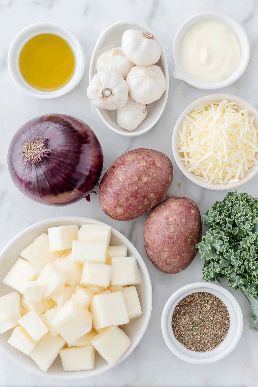 Flat lay of peeled russet potatoes cut into cubes arranged neatly next to a halved red onion with deep purple skin and white interior, six peeled garlic cloves clustered beside fresh chopped kale leaves, a small mound of freshly grated sharp cheddar cheese, a small white ceramic bowl of extra virgin olive oil, a small white bowl containing unsalted butter, a small white bowl filled with creamy heavy cream, a small white bowl holding clear white cooking wine, and a small white bowl with a fragrant all-purpose spice blend of dried herbs and paprika, all ingredients fresh and natural, perfectly balanced and symmetrical, placed on a clean white marble surface, soft natural light, photo taken with an iPhone, professional food photography style, fresh ingredients, white ceramic bowls, no bottles, no duplicates, no utensils, no packaging --ar 2:3 --v 7 --p m7354615311229779997 - Cheddar Garlic Herb Potato Soup, creamy potato soup, cheesy potato soup, garlic herb soup, comforting potato recipes