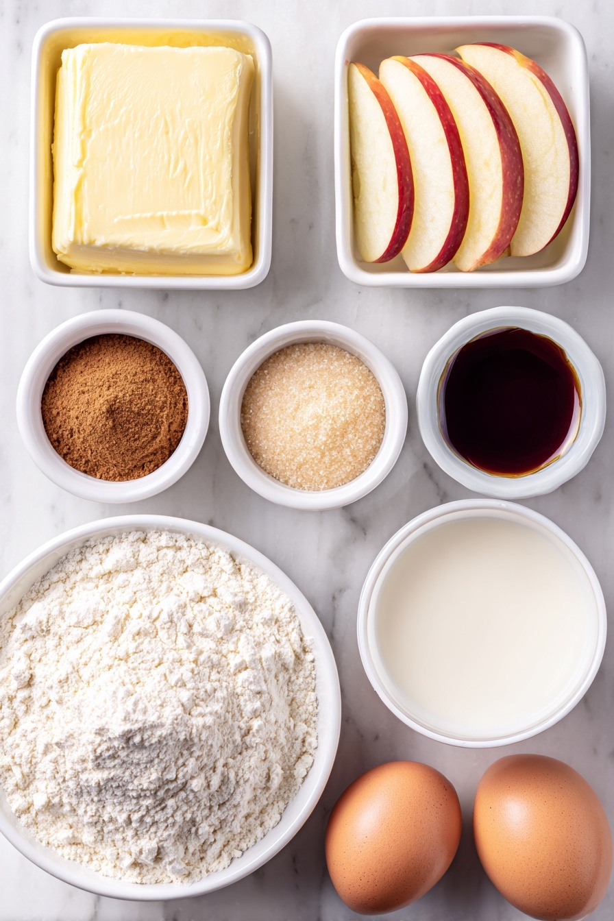 Flat lay of a small white ceramic bowl of unsalted butter, a small white bowl filled with light brown sugar, a small white bowl with ground cinnamon powder, a small white bowl with clear vanilla extract, two peeled and thinly sliced medium apples arranged neatly, a small white bowl of all-purpose flour, a small white bowl of baking powder, a small white bowl of ground nutmeg, a small white bowl of salt, a small white bowl filled with granulated sugar, two whole uncracked large brown eggs, a small white bowl containing whole milk, placed on a clean white marble surface, soft natural light, photo taken with an iPhone, professional food photography style, fresh ingredients, white ceramic bowls, no bottles, no duplicates, no utensils, no packaging --ar 2:3 --v 7 --p m7354615311229779997 - Caramel Apple Upside Down Cake, fall apple dessert, caramel cake recipe, upside down cake with apples, easy apple dessert