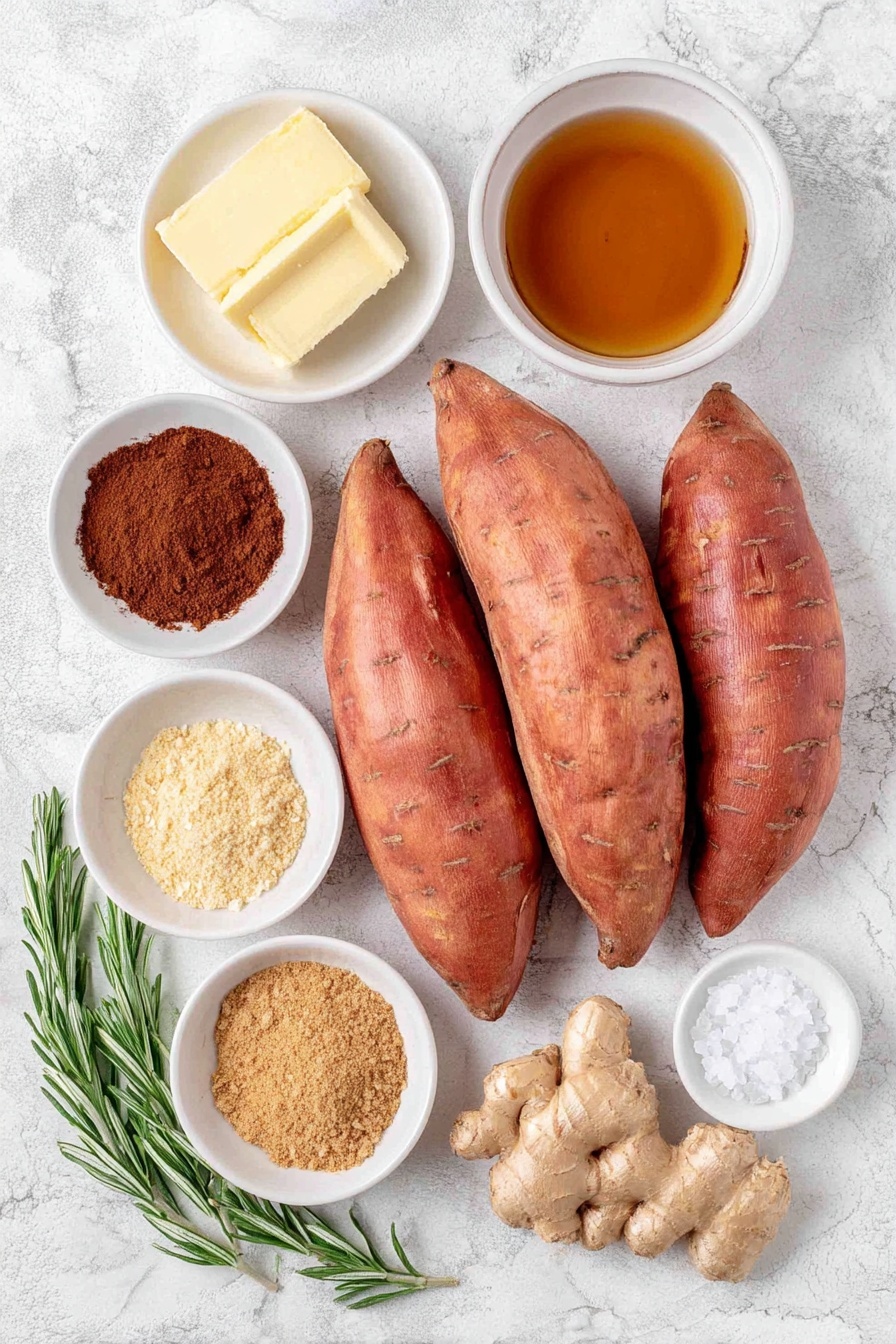 Flat lay of fresh whole medium sweet potatoes with vibrant orange skin, a few small sticks of unsalted yellow butter, a small white ceramic bowl filled with light amber pure maple syrup, another white ceramic bowl holding packed dark brown sugar, a white bowl containing warm brown ground cinnamon, a white bowl with fine light brown ground nutmeg, a white bowl with pale beige ground ginger, a small white bowl with clear pure vanilla extract, a few fresh bright orange zest strips artfully arranged, a small pile of coarse flaky sea salt crystals, and a few sprigs of fresh green rosemary, all placed symmetrically on a clean white marble surface, soft natural light, photo taken with an iPhone, professional food photography style, fresh ingredients, white ceramic bowls, no bottles, no duplicates, no utensils, no packaging --ar 2:3 --v 7 --p m7354615311229779997 - Candied Sweet Potatoes, Sweet Potatoes Side Dish, Holiday Sweet Potato Recipe, Caramelized Sweet Potatoes, Maple Glazed Sweet Potatoes