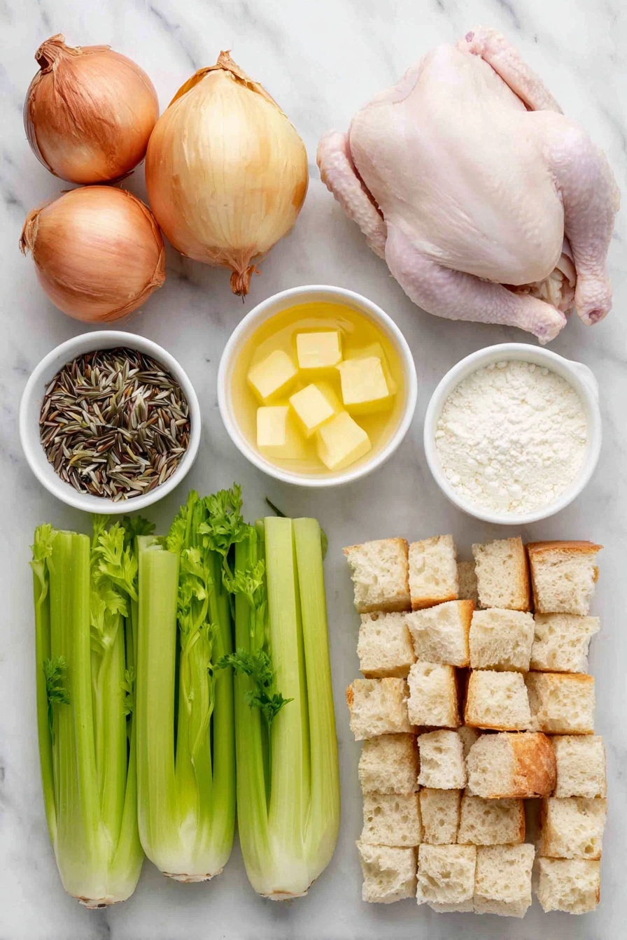 Flat lay of a whole yellow onion with papery skin, five whole fresh orange carrots with green tops trimmed, five bright green celery stalks with leafy ends, a small mound of uncooked wild rice grains, a whole raw chicken breast with smooth pale pink skin, a small white ceramic bowl filled with golden butter chunks, a small white ceramic bowl of fine white flour, a small white ceramic bowl of creamy whole milk, a small white ceramic bowl of light golden chicken broth, and a neat pile of rustic cubed bread pieces with crusty edges arranged symmetrically, all placed on a clean white marble surface, soft natural light, photo taken with an iPhone, professional food photography style, fresh ingredients, white ceramic bowls, no bottles, no duplicates, no utensils, no packaging --ar 2:3 --v 7 --p m7354615311229779997 - Healthy Chicken Wild Rice Casserole, chicken wild rice bake, healthy casseroles with chicken and rice, nourishing chicken casserole, wholesome wild rice recipes