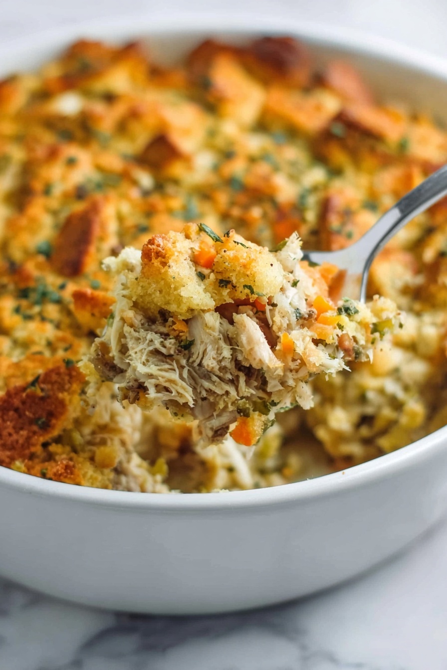 This image shows a white oval baking dish filled with a layered casserole topped with golden brown toasted bread cubes sprinkled with chopped green herbs. The top layer is crunchy and slightly uneven, covering a creamy mixture below that has visible bits of mushrooms and herbs. A wooden spoon scoops some casserole from the dish, revealing the creamy, textured filling beneath the toasted top. The dish is set on a white marbled surface, with a woman's hand holding the edge of the dish on one side. photo taken with an iphone --ar 2:3 --v 7 - Healthy Chicken Wild Rice Casserole, chicken wild rice bake, healthy casseroles with chicken and rice, nourishing chicken casserole, wholesome wild rice recipes