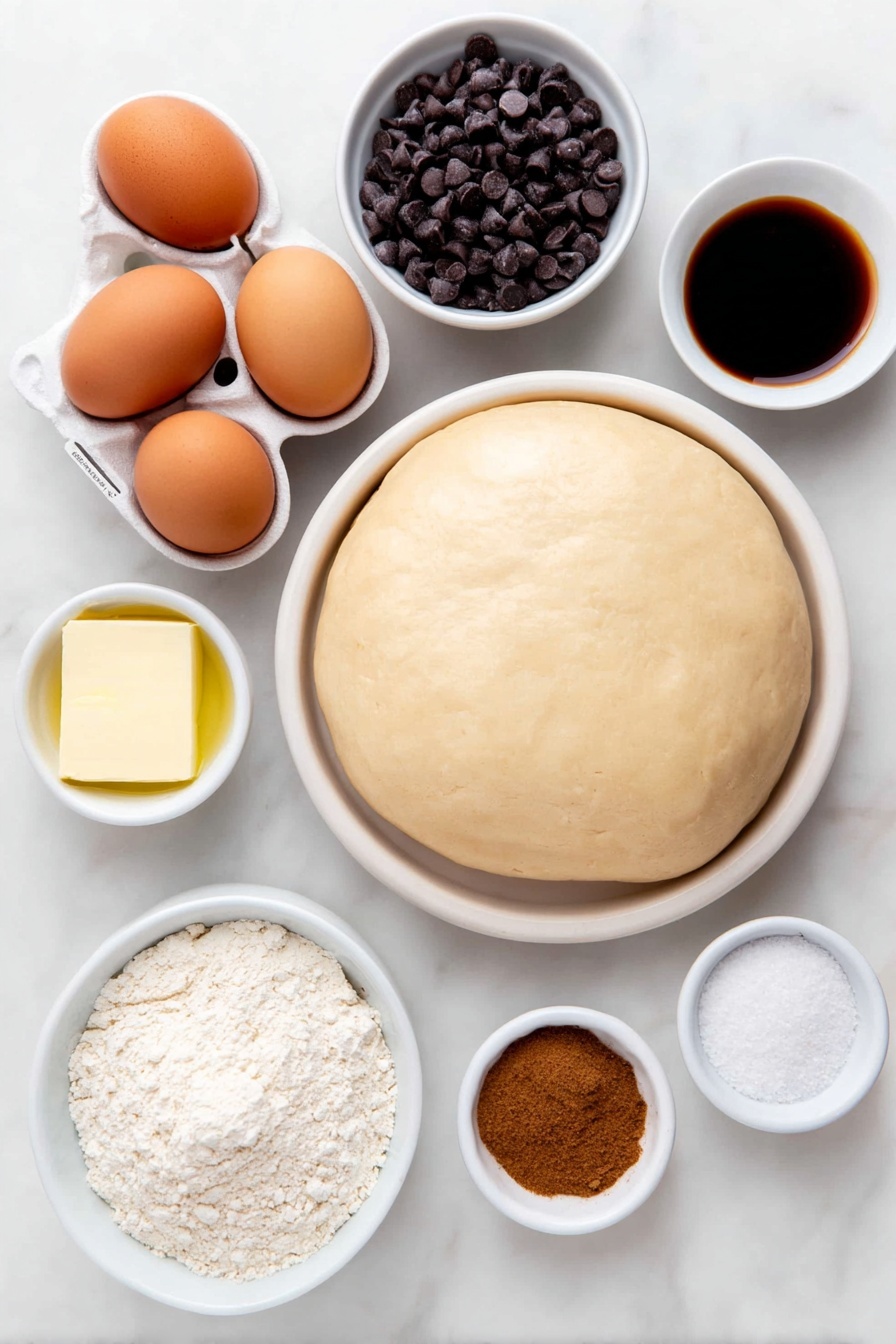Flat lay of a smooth round disc of pale homemade pie dough, a small white ceramic bowl filled with glossy dark chocolate chips, a handful of whole shelled pecans with rich brown tones, three whole uncracked brown eggs, a small white ceramic bowl holding dark amber corn syrup, a small white ceramic bowl of packed dark brown sugar, a small white ceramic bowl with melted golden butter, a white ceramic bowl containing pale vanilla extract, a small white ceramic bowl of fine sea salt, and a small white ceramic bowl of warm brown ground cinnamon, all arranged in perfect symmetry and balanced proportions on a clean white marble surface, soft natural light, photo taken with an iPhone, professional food photography style, fresh ingredients, white ceramic bowls, no bottles, no duplicates, no utensils, no packaging --ar 2:3 --v 7 --p m7354615311229779997 - Dark Chocolate Pecan Pie, best pecan pie with chocolate, chocolate nut pie, decadent pecan pie recipe, easy pecan pie with dark chocolate
