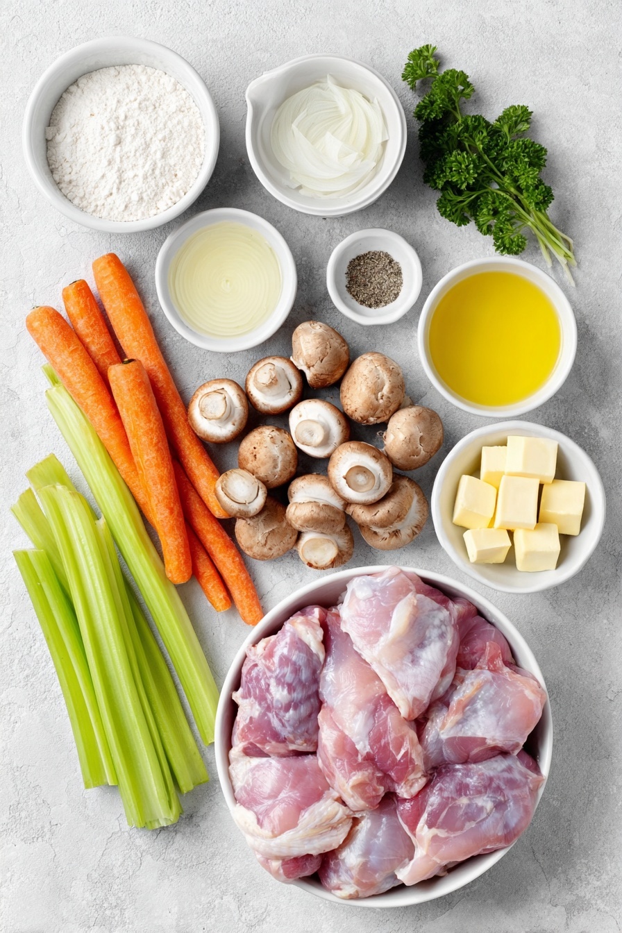 Flat lay of fresh boneless chicken thighs arranged neatly, two brown onions peeled and diced in a crisp white ceramic bowl, three whole garlic cloves with clean uncracked skins, a small white ceramic bowl filled with plain all-purpose flour, a small white bowl holding vegetable oil, another small white bowl with unsalted butter chunks, a tiny white ceramic bowl containing salt, a similar bowl with black pepper, a small bowl with dried thyme, and another with celery salt, a small white bowl with chicken stock, a small white bowl with freshly squeezed lemon juice, a cluster of 16-20 baby chestnut mushrooms, 16-20 bright orange chantenay carrots, three sticks of vibrant green celery roughly chopped, a small white bowl with double heavy cream, and a small bunch of fresh green parsley leaves placed artfully, all ingredients fresh and natural, arranged in perfect symmetry on a clean white marble surface, soft natural light, photo taken with an iPhone, professional food photography style, fresh ingredients, white ceramic bowls, no bottles, no duplicates, no utensils, no packaging --ar 2:3 --v 7 --p m7354615311229779997 - Creamy Chicken Thighs Casserole, chicken thigh casserole, creamy chicken bake, easy chicken casserole, comforting chicken dish
