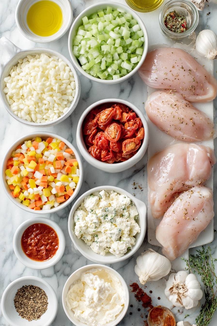 Flat lay of fresh garlic cloves, a small white ceramic bowl of chopped white onion, another bowl with chopped orange carrots, a bowl containing chopped green celery, a bowl with a colorful mix of chopped red, yellow, and green bell peppers, raw whole chicken breasts, a small white bowl filled with bright red fire roasted tomato chunks, a small white bowl of creamy heavy cream, a small white bowl with softened cream cheese, a small white bowl holding golden olive oil, a few dried Cajun seasoning leaves and vibrant red chili flakes scattered nearby, a small white bowl of bright red hot sauce, all ingredients arranged symmetrically on a clean white marble surface, soft natural light, photo taken with an iPhone, professional food photography style, fresh ingredients, white ceramic bowls, no bottles, no duplicates, no utensils, no packaging --ar 2:3 --v 7 --p m7354615311229779997 - Creamy Cajun Chicken Soup, Cajun Chicken Soup, Creamy Chicken Soup, Spicy Cajun Soup, Easy Cajun Soup