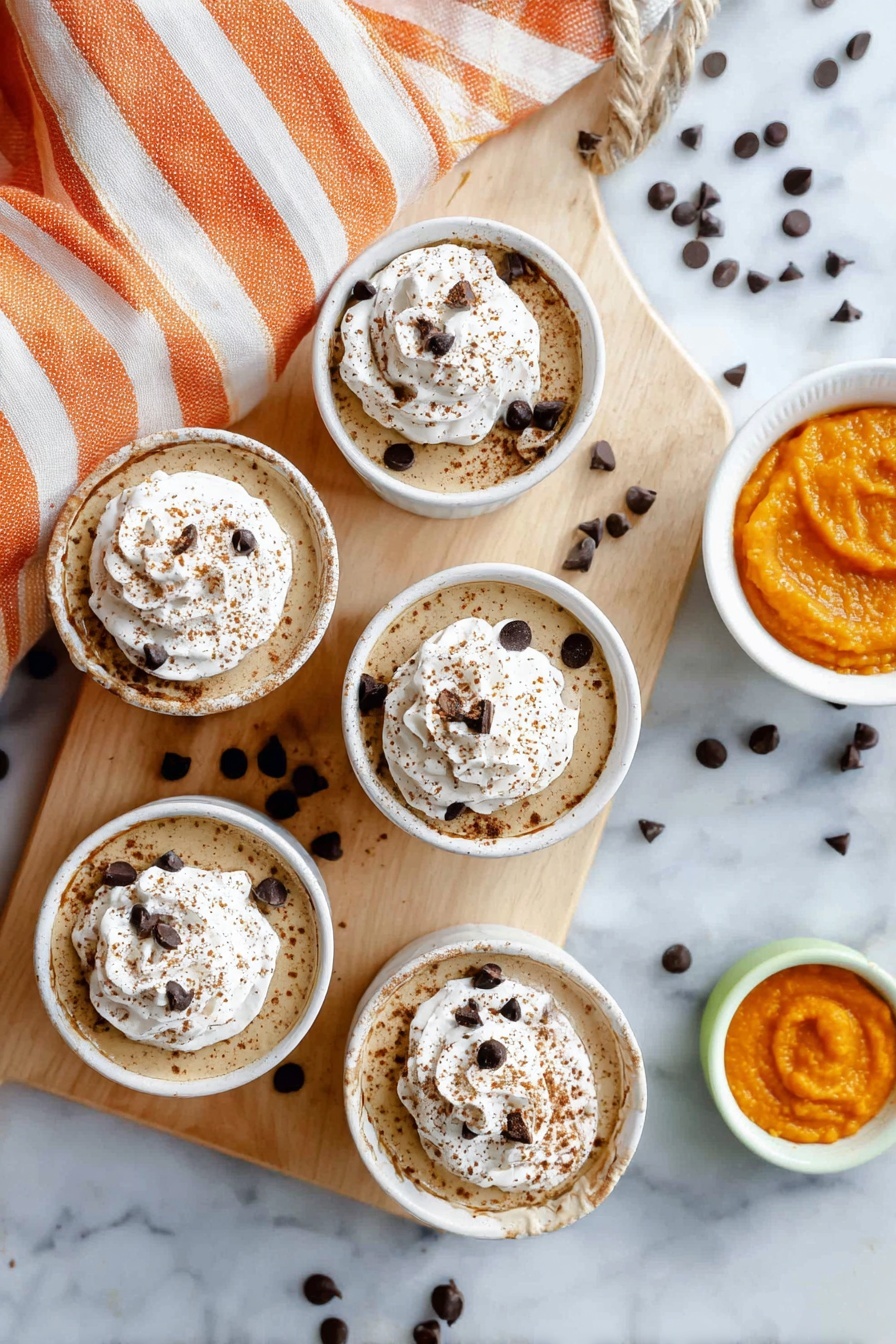 The image shows two white paper cups with a green stripe placed on a wooden board on a white marbled surface. Each cup has three visible layers: a light orange creamy base, a swirl of white whipped topping in the middle, and a dusting of brown powder sprinkled over both layers. On top of the whipped cream, there are several dark chocolate chips scattered. Around the wooden board and cups, a few chocolate chips and some powder are also visible. In the background, there is a white and orange striped cloth. Photo taken with an iphone --ar 2:3 --v 7 - Pumpkin Mousse with Whipped Cream, pumpkin mousse dessert, easy pumpkin mousse recipe, fall pumpkin dessert, airy pumpkin mousse