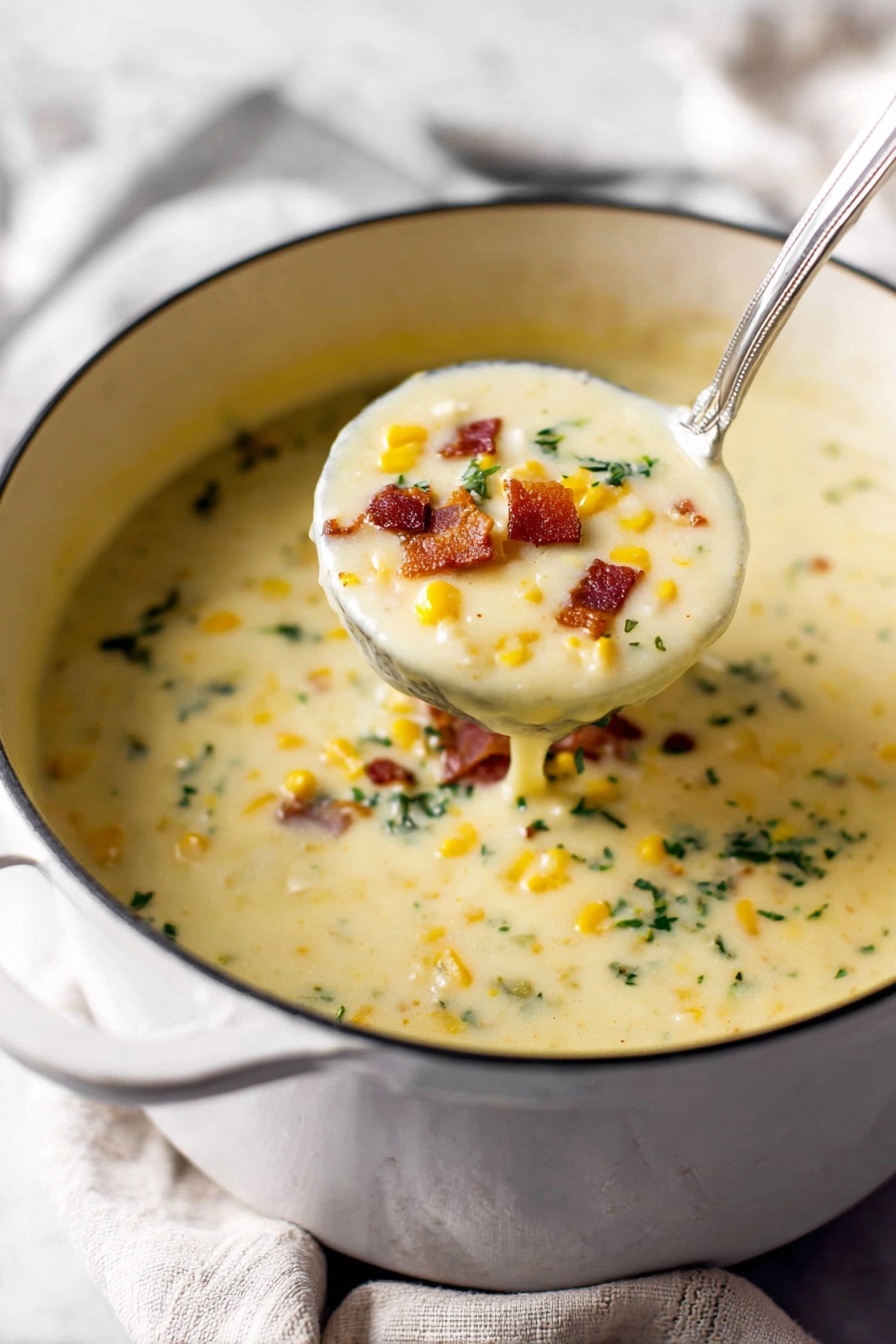 A large white pot filled with creamy corn soup is shown on a white marbled surface with a soft cloth underneath. The soup has a thick, smooth texture with a pale yellow color, dotted with small pieces of bright yellow corn, bits of green herbs, and crispy brown bacon bits scattered on top. A metal ladle is lifting a scoop of soup, clearly showing its creamy consistency and the colorful toppings. The background is softly blurred to keep the focus on the soup. photo taken with an iphone --ar 2:3 --v 7 - Creamy Potato Soup, Potato Soup Recipe, Comfort Food Recipes, Easy Potato Soup, Homemade Soup Ideas