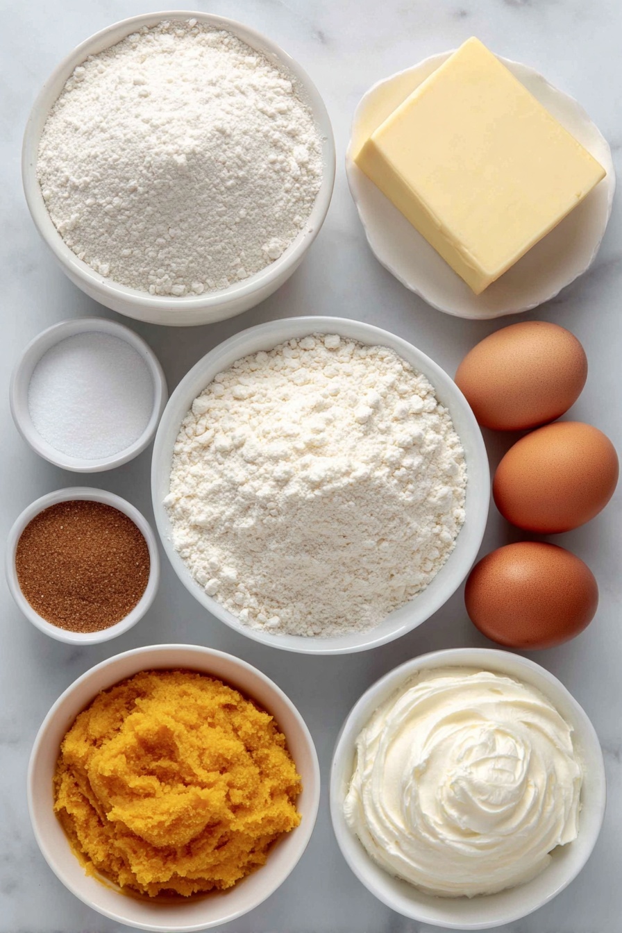 Flat lay of all purpose flour in a small mound, two teaspoons of baking powder in a small white bowl, a pinch of kosher salt in a small white bowl, a quarter cup of softened unsalted butter as a smooth pale yellow block, a quarter cup of granulated brown sugar in a neat pile, a small white bowl holding vivid orange pumpkin puree, a small white bowl with smooth whipped cream cheese, a small white bowl filled with golden honey, a small white bowl with ground cinnamon, a small white bowl of powdered sugar, a small white bowl containing fresh cream, a few whole brown eggs with clean shells arranged neatly placed on a clean white marble surface, soft natural light, photo taken with an iPhone, professional food photography style, fresh ingredients, white ceramic bowls, no bottles, no duplicates, no utensils, no packaging --ar 2:3 --v 7 --p m7354615311229779997 - Pumpkin Cinnamon Rolls with Cream Cheese Glaze, fall cinnamon roll recipes, easy pumpkin cinnamon rolls, homemade pumpkin cinnamon rolls, cozy fall breakfast recipes