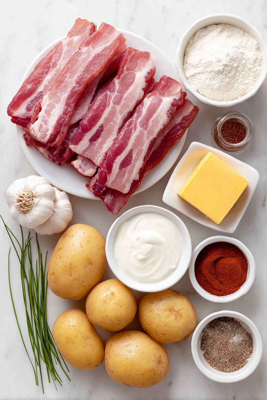 Flat lay of six uncooked bacon strips cut into small pieces, a small chunk of golden yellow butter, one medium yellow onion chopped, three large garlic cloves peeled, a small white bowl with all-purpose flour, several peeled and diced gold potatoes, a small white bowl filled with chicken broth, a small white bowl filled with milk, a small white bowl with heavy cream, one small white bowl containing coarse salt, one small white bowl of ground black pepper, one small white bowl with ancho chili powder, a small white bowl filled with sour cream, and a few sprigs of fresh chives placed on a clean white marble surface, soft natural light, photo taken with an iPhone, professional food photography style, fresh ingredients, white ceramic bowls, no bottles, no duplicates, no utensils, no packaging --ar 2:3 --v 7 --p m7354615311229779997 - Creamy Potato Soup with Bacon, Potato Soup with Bacon, Comforting Potato Soup, Easy Potato Soup Recipe, Bacon Potato Soup
