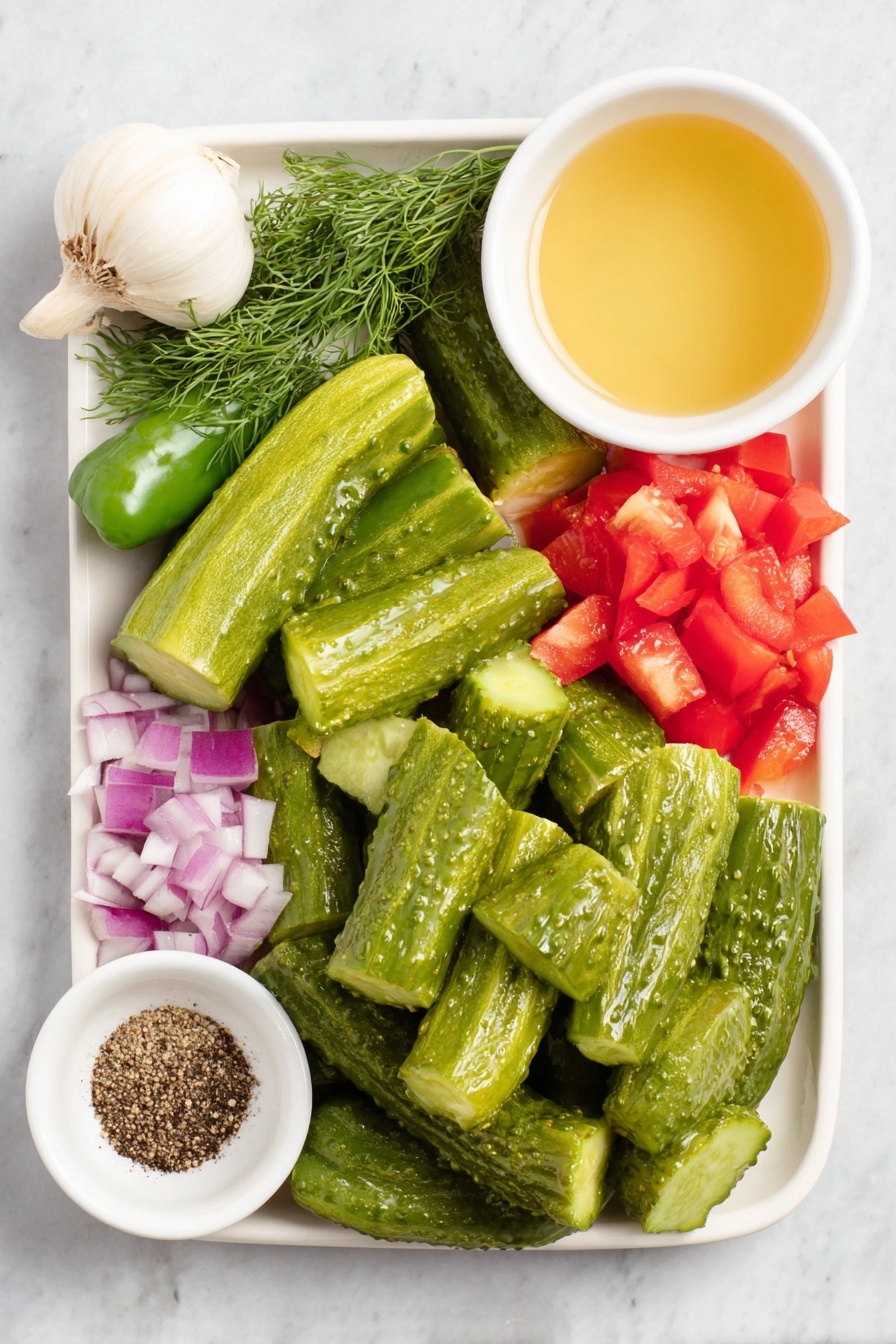 Flat lay of fresh whole dill pickles sliced into chunks, diced bright green cucumber, diced vivid red bell pepper, diced purple-red onion, a whole green jalapeño pepper, a single unpeeled garlic clove, a small bunch of fresh green dill sprigs, a small white ceramic bowl filled with clear pickle brine, and a small white ceramic bowl with freshly ground black pepper, all arranged in perfect symmetry on a clean white ceramic plate and simple small bowls, placed on a clean white marble surface, soft natural light, photo taken with an iPhone, professional food photography style, fresh ingredients, white ceramic bowls, no bottles, no duplicates, no utensils, no packaging --ar 2:3 --v 7 --p m7354615311229779997 - Pickle de Gallo, Pickle de Gallo recipe, tangy pickle topping, fresh salsa variation, crunchy pickle condiment