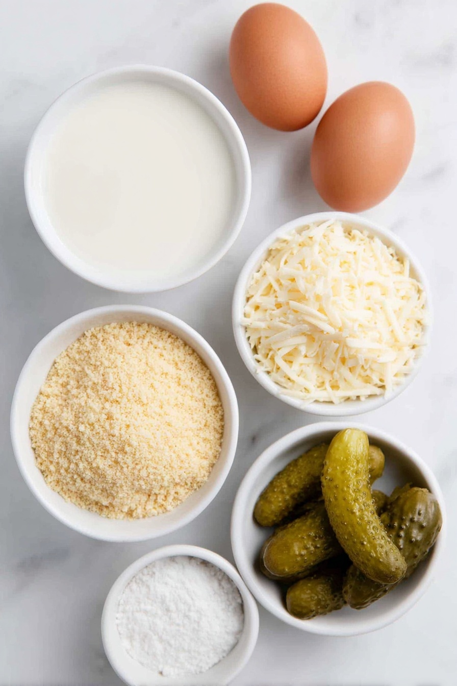 Flat lay of a small white ceramic bowl with skim milk, two whole uncracked brown eggs, a small white ceramic bowl filled with seasoned golden breadcrumbs, a small white ceramic bowl of grated Parmesan cheese, and several fresh dill pickle spears arranged neatly, placed on a clean white marble surface, soft natural light, photo taken with an iPhone, professional food photography style, fresh ingredients, white ceramic bowls, no bottles, no duplicates, no utensils, no packaging --ar 2:3 --v 7 --p m7354615311229779997 - Crispy Dill Pickle Fries, crunchy pickle fry recipe, easy baked pickle fries, healthy snack with pickles, flavorful pickle appetizer