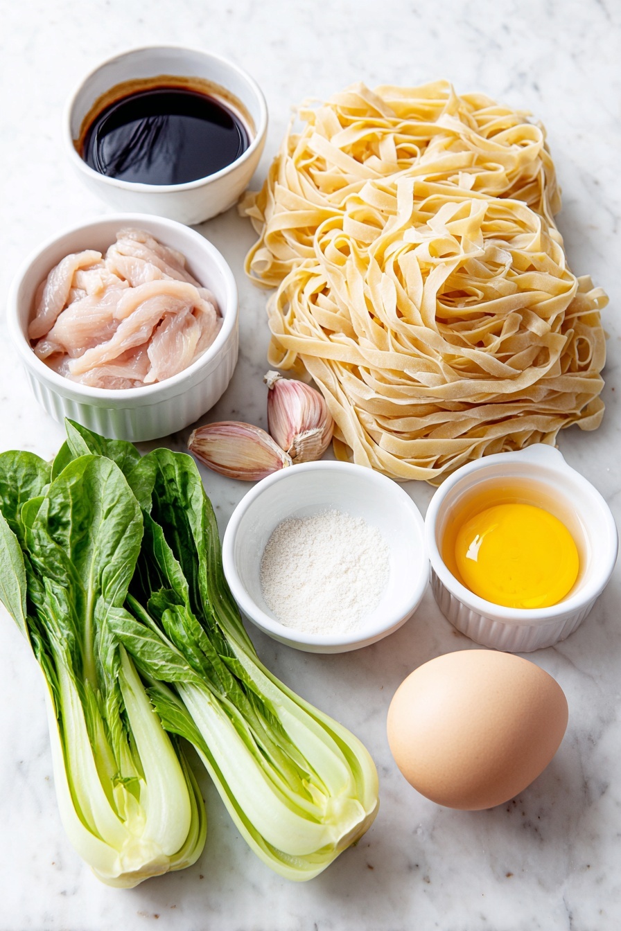 Flat lay of fresh wide flat rice noodles (Sen Yai) neatly arranged in loose folds, two whole brown garlic cloves with smooth skins, a small white ceramic bowl filled with dark soy sauce, a small white ceramic bowl with glossy oyster sauce, a small white ceramic bowl holding light soy sauce, a small white ceramic bowl of clear white vinegar, a small white ceramic bowl of fine white sugar, raw boneless skinless chicken thigh slices fresh and pinkish, a single large whole egg with a clean beige shell, and four fresh Chinese broccoli stems with bright green leaves placed symmetrically, all placed on a clean white marble surface, soft natural light, photo taken with an iPhone, professional food photography style, fresh ingredients, white ceramic bowls, no bottles, no duplicates, no utensils, no packaging --ar 2:3 --v 7 --p m7354615311229779997 - Pad See Ew Thai Noodles with Chicken, Thai chicken noodle stir-fry, authentic Pad See Ew recipe, easy Thai noodle dish, flavorful Thai chicken noodles