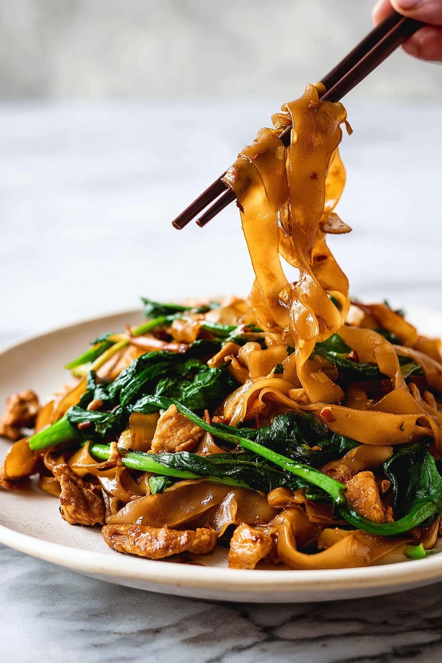 A close-up view of a pan filled with dark brown wide rice noodles mixed with green leafy vegetables and light brown pieces of cooked meat. The noodles are twisted and glossy, lying on top and around the cooked green stems and leaves. Small chunks of meat are scattered throughout the dish. A wooden spoon is seen stirring the food inside the pan. The pan sits on a white marbled surface. photo taken with an iphone --ar 2:3 --v 7 - Pad See Ew Thai Noodles with Chicken, Thai chicken noodle stir-fry, authentic Pad See Ew recipe, easy Thai noodle dish, flavorful Thai chicken noodles