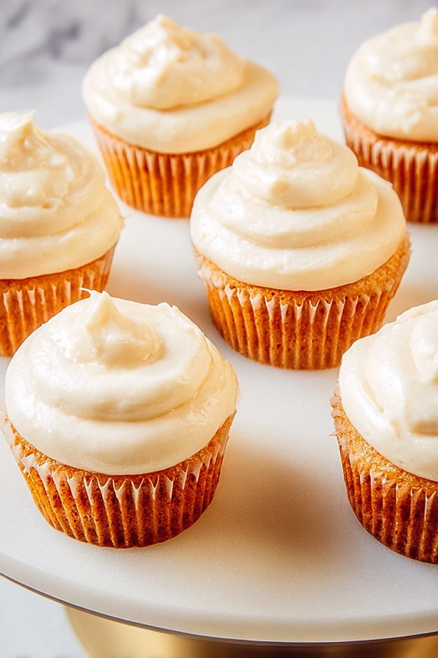 There are six cupcakes on a large white plate. Each cupcake has one layer of orange-colored cake at the bottom and a thick layer of creamy white frosting swirled on top, forming a small peak in the center. The cupcakes sit on a white marbled surface with soft natural light giving a warm feel. The focus is clear, showing the texture of the frosting and cake well, with a slight shadow cast around each cupcake. photo taken with an iphone --ar 2:3 --v 7 - Pumpkin Spice Cupcake, fall cupcake recipes, pumpkin dessert ideas, cozy autumn treats, pumpkin spice baking