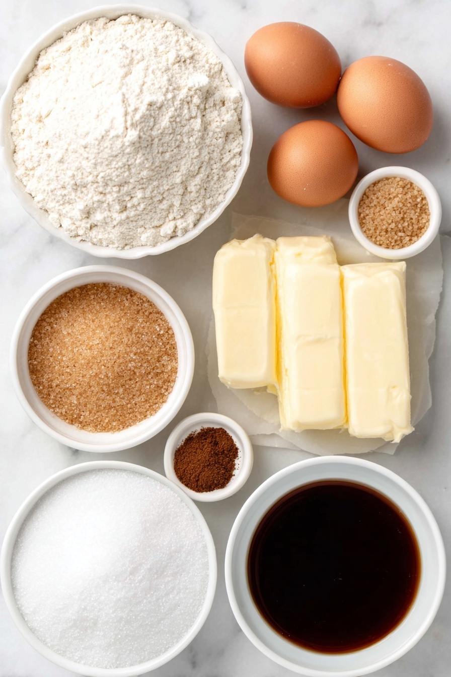 Flat lay of a small mound of all-purpose flour, a few whole brown eggs with clean shells, a small white ceramic bowl of light brown sugar, a small white ceramic bowl of granulated sugar, a small white ceramic bowl of dark molasses, a generous slab of unsalted butter, a small white ceramic bowl containing a delicate mix of ground ginger, ground cinnamon, ground cloves, nutmeg, baking soda, and salt arranged side by side in neat piles, and a small white ceramic bowl of coarse sugar for rolling, all arranged symmetrically and naturally on a clean white marble surface, soft natural light, photo taken with an iPhone, professional food photography style, fresh ingredients, white ceramic bowls, no bottles, no duplicates, no utensils, no packaging --ar 2:3 --v 7 --p m7354615311229779997 - Soft Molasses Cookies, molasses cookie recipe, chewy ginger cookies, easy holiday cookies, warm spice cookies
