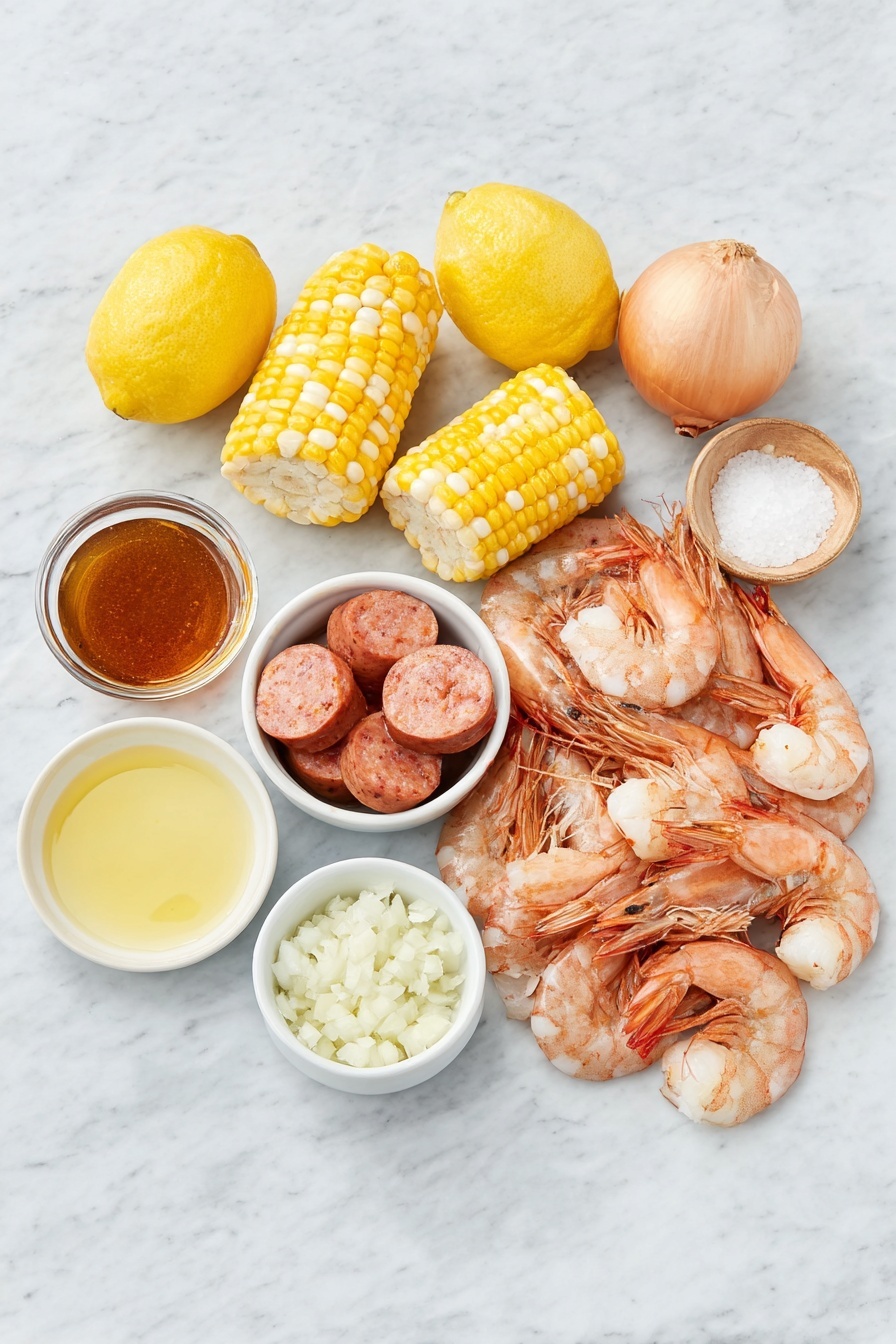 Flat lay of extra large unpeeled shrimp with vibrant pink shells, small glossy red potatoes, four large ears of corn broken into smaller pieces with bright yellow kernels, sliced kielbasa with a rich reddish-brown color, two whole fresh lemons with bright yellow peel alongside lemon rinds, one large quartered white onion with purplish skin, a small white ceramic bowl of finely minced fresh garlic, a small white ceramic bowl of melted golden butter, a small white ceramic bowl of coarse kosher salt, a small white ceramic bowl of reddish-orange Old Bay seasoning, a small white ceramic bowl containing a dark amber beer, and a rustic bag of shrimp and crab boil spice mix beside the ingredients all arranged in perfect symmetry, placed on a clean white marble surface, soft natural light, photo taken with an iPhone, professional food photography style, fresh ingredients, white ceramic bowls, no bottles, no duplicates, no utensils, no packaging --ar 2:3 --v 7 --p m7354615311229779997 - Ultimate Low Country Shrimp Boil, Low Country Shrimp Boil, Southern Shrimp Boil, Seafood Boil Recipe, Cajun Shrimp Boil
