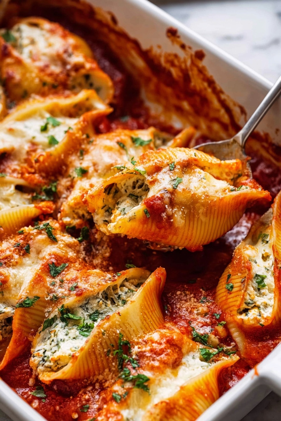 The image shows a shallow white bowl filled with three large pasta shells stuffed with a creamy, greenish-white filling, covered in bright red tomato sauce. The shells have a slightly browned, melted cheese layer on top. Fresh green basil leaves and grated white cheese are sprinkled over the pasta, adding texture and color contrast. A fork is placed inside the bowl on the right side, with some sauce visible on it. The bowl sits on a soft gray cloth on a white marbled surface, with green basil leaves scattered around. In the background, there is a white rectangular baking dish filled with more baked pasta shells in tomato sauce. Photo taken with an iphone --ar 2:3 --v 7 - Spinach Ricotta Stuffed Shells, stuffed pasta shells with spinach and ricotta, easy baked stuffed shells, healthy Italian stuffed shells, cheesy spinach pasta bake