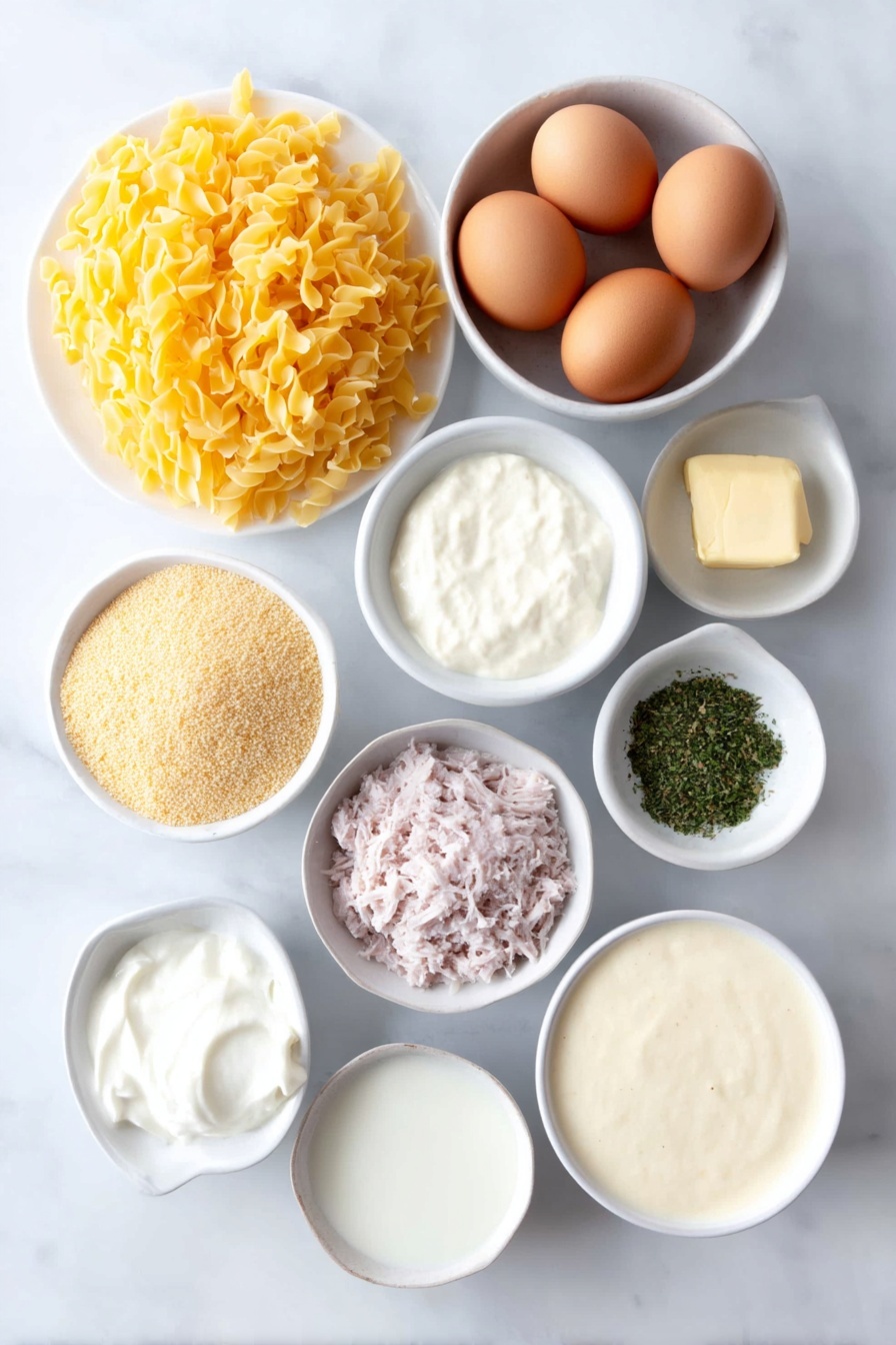 Flat lay of a small mound of golden egg noodles, a small handful of frozen green peas, a neat pile of shredded bright orange cheddar cheese, a small heap of light golden breadcrumbs, a small mound of finely grated pale parmesan cheese, a dollop of creamy white sour cream, two whole uncracked brown eggs, a small white bowl filled with creamy beige cream of mushroom soup, a small white bowl filled with creamy white cream of chicken soup, a small white bowl holding flaked pale pink tuna, a small white bowl containing smooth white milk, a small white bowl with melted golden butter, a few sprigs of dried green parsley, a tiny pile of pale beige onion powder, a tiny pile of light beige garlic powder, a tiny pile of coarse black pepper, and a tiny pile of coarse white kosher salt, all arranged with perfect symmetry on simple white ceramic dishes, placed on a clean white marble surface, soft natural light, photo taken with an iPhone, professional food photography style, fresh ingredients, white ceramic bowls, no bottles, no duplicates, no utensils, no packaging --ar 2:3 --v 7 --p m7354615311229779997 - Easy Tuna Noodle Casserole, Tuna Noodle Casserole, creamy tuna bake, quick comfort dinner, pantry staples casserole